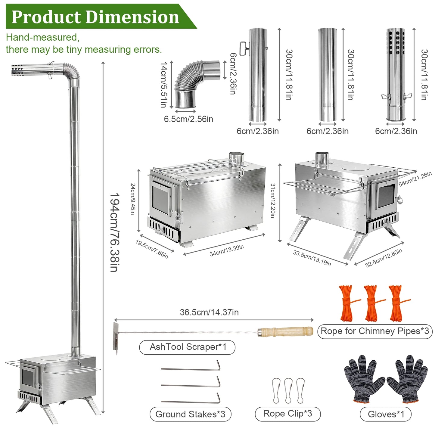 Hot Tent Stove, Wood Burning with 6 Stainless Chimney Pipes