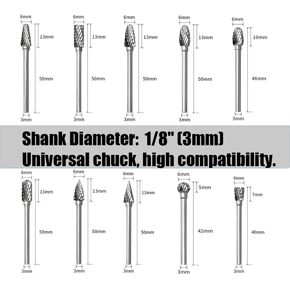 10PCS Carbide Double Cut Burr Set, 1/8" Shank