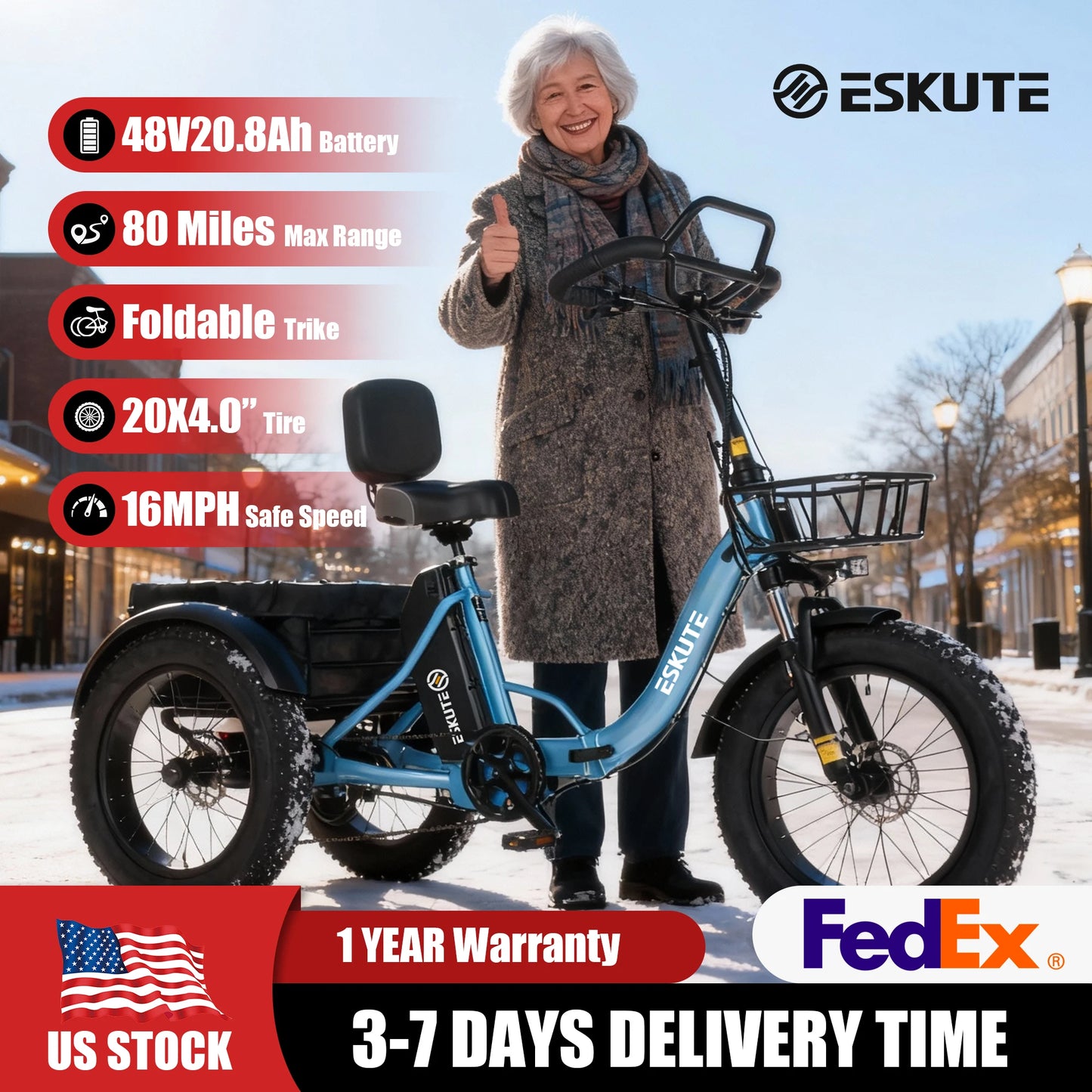 Electric Trike for Adults, 998.4Wh Battery, 1200W Peak Motor,