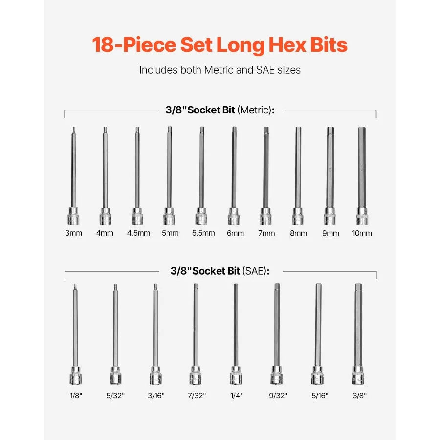 18-Piece Extra Long Hex Bit Socket Set, 3/8-Inch Drive, Metric /SAE