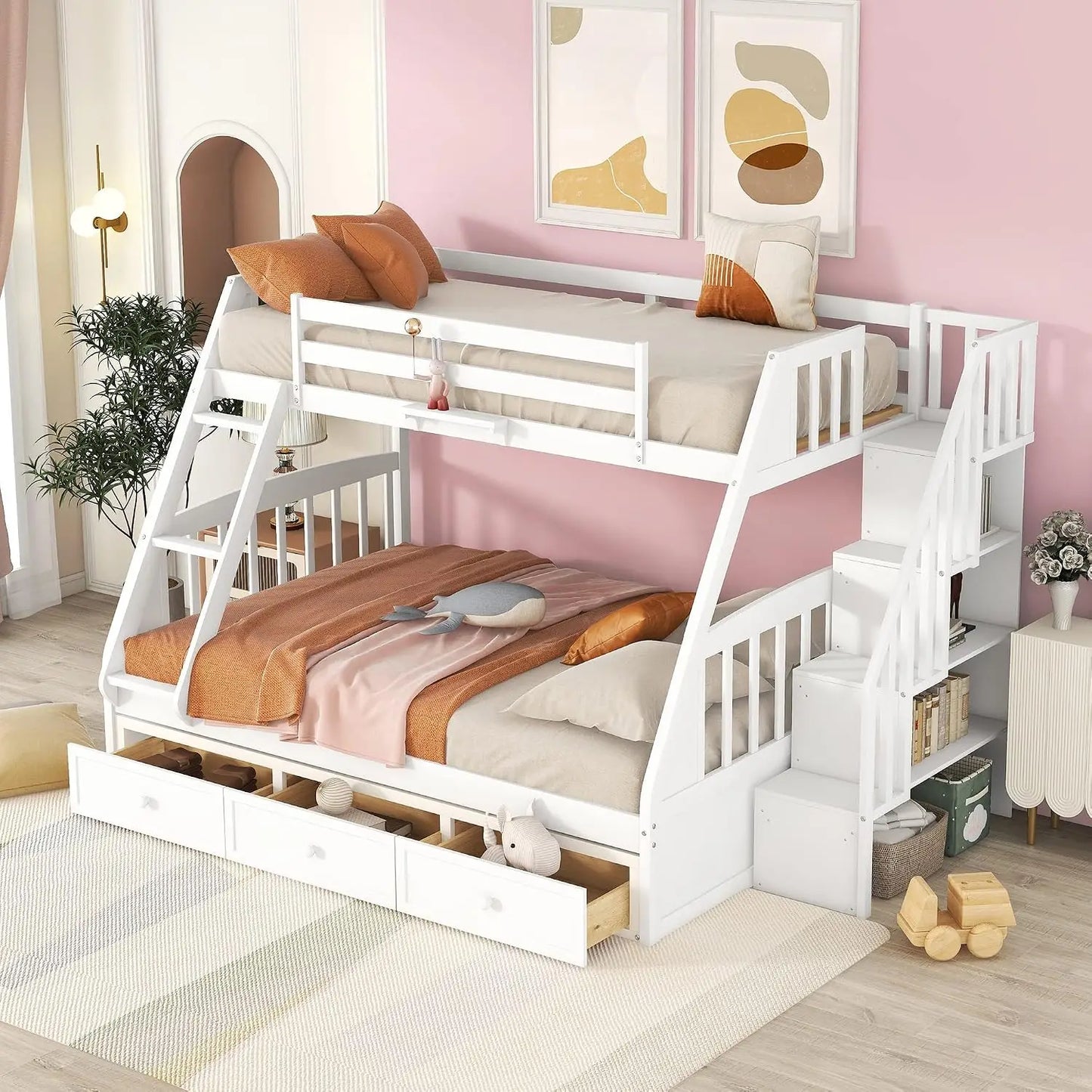 Solid Wood Twin Over Full  Bunk Beds with Stairs
