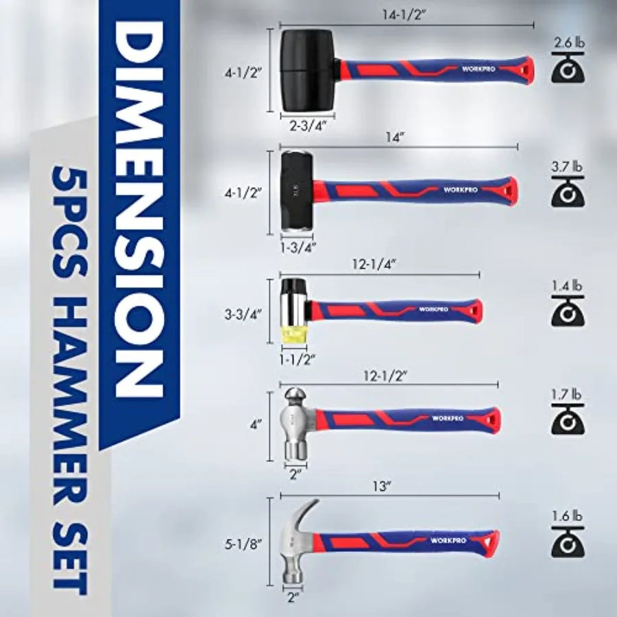 5-Piece Hammer, Fiberglass Handle Set