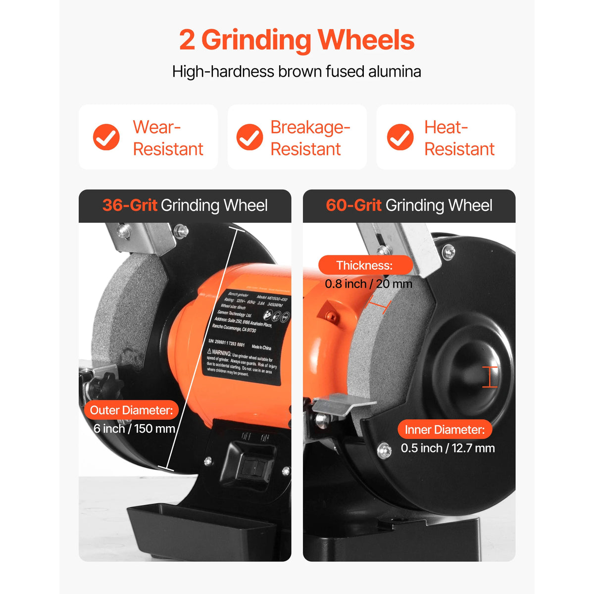 Bench Grinder 6inch Single Speed Bench Grinder High-Speed Table Grinders with Induction Motor 36/60-Grit Grinding Wheel