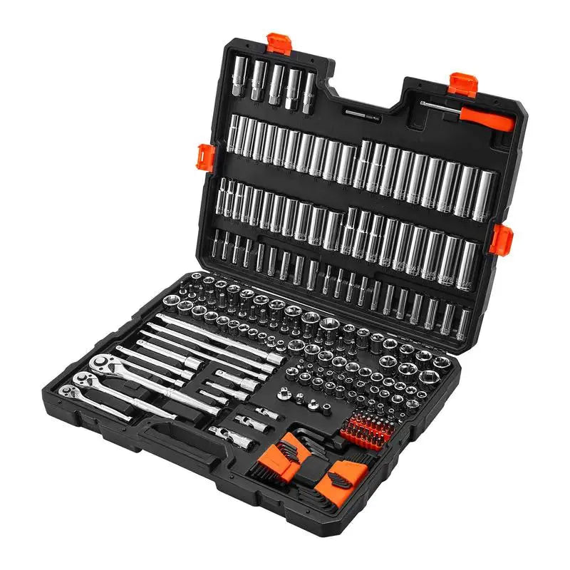 225 Pieces, 3/8 & 1/4 & 1/2 inch Drive Socket and Ratchet Set, SAE and Metric