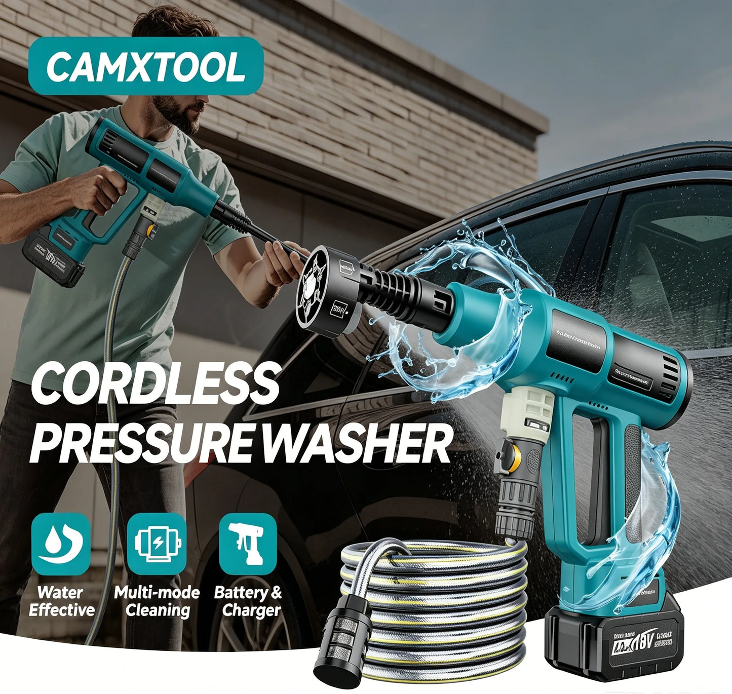 Cordless Pressure Washer with 4.0Ah Battery & Charger for Car