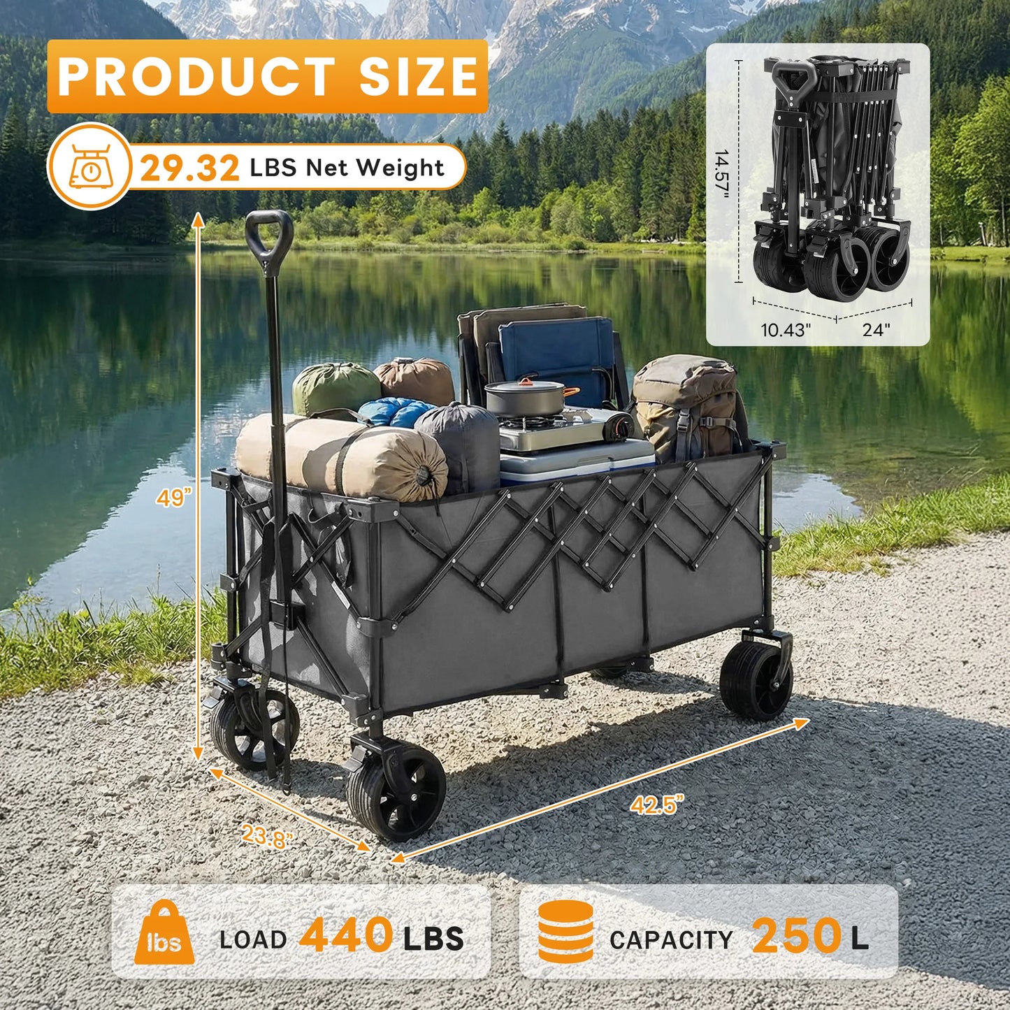 Portable Extended Collapsible Wagon Cart 440lbs Foldable