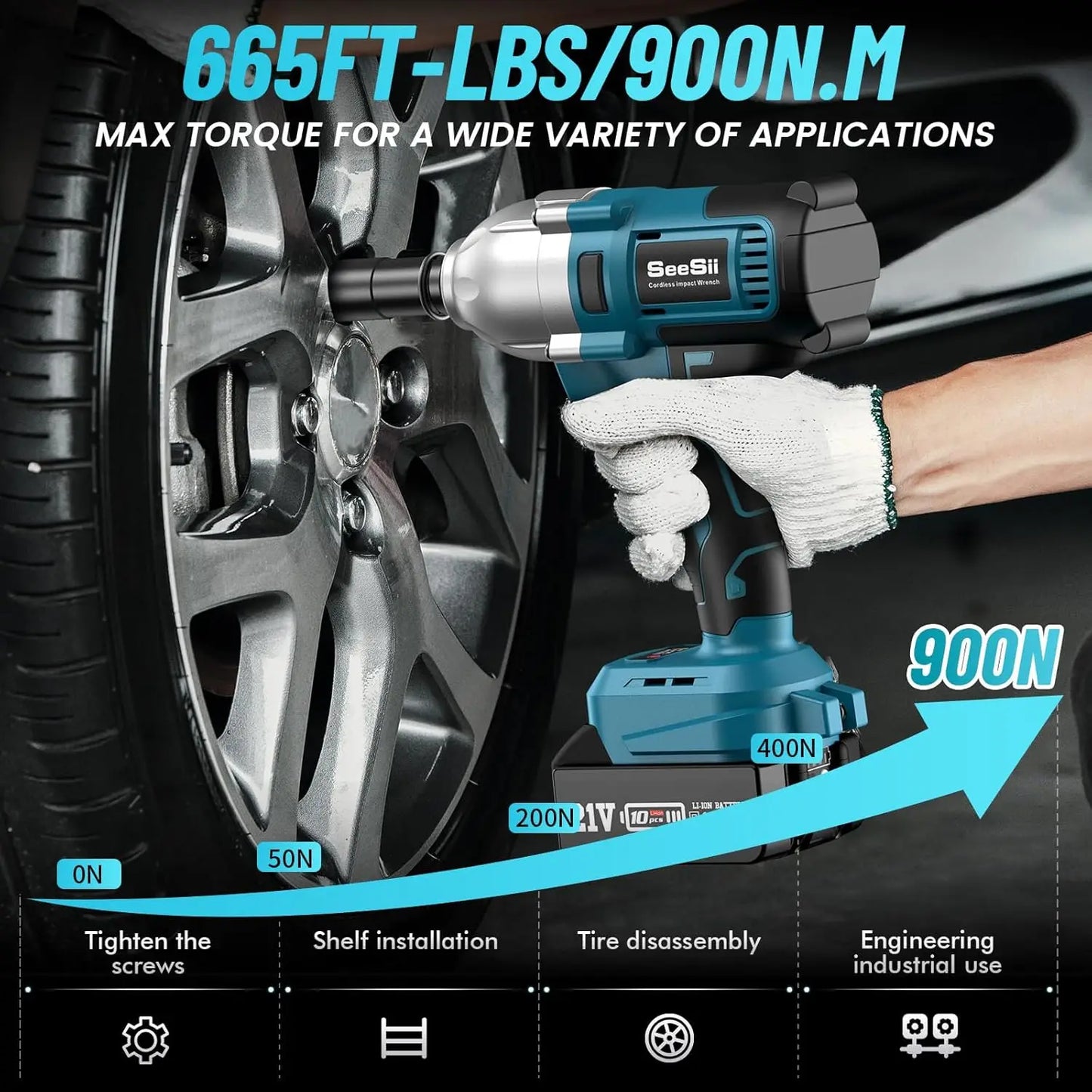 Cordless Electric Impact Wrench 1/2 inch, 665Ft-lbs(900N.m)