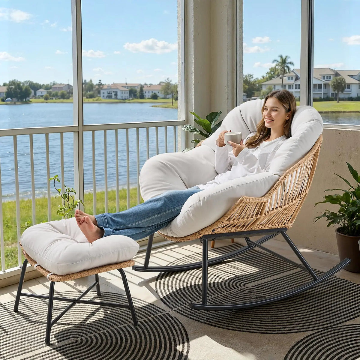 Rattan Papasan Rocking Chair with Ottoman
