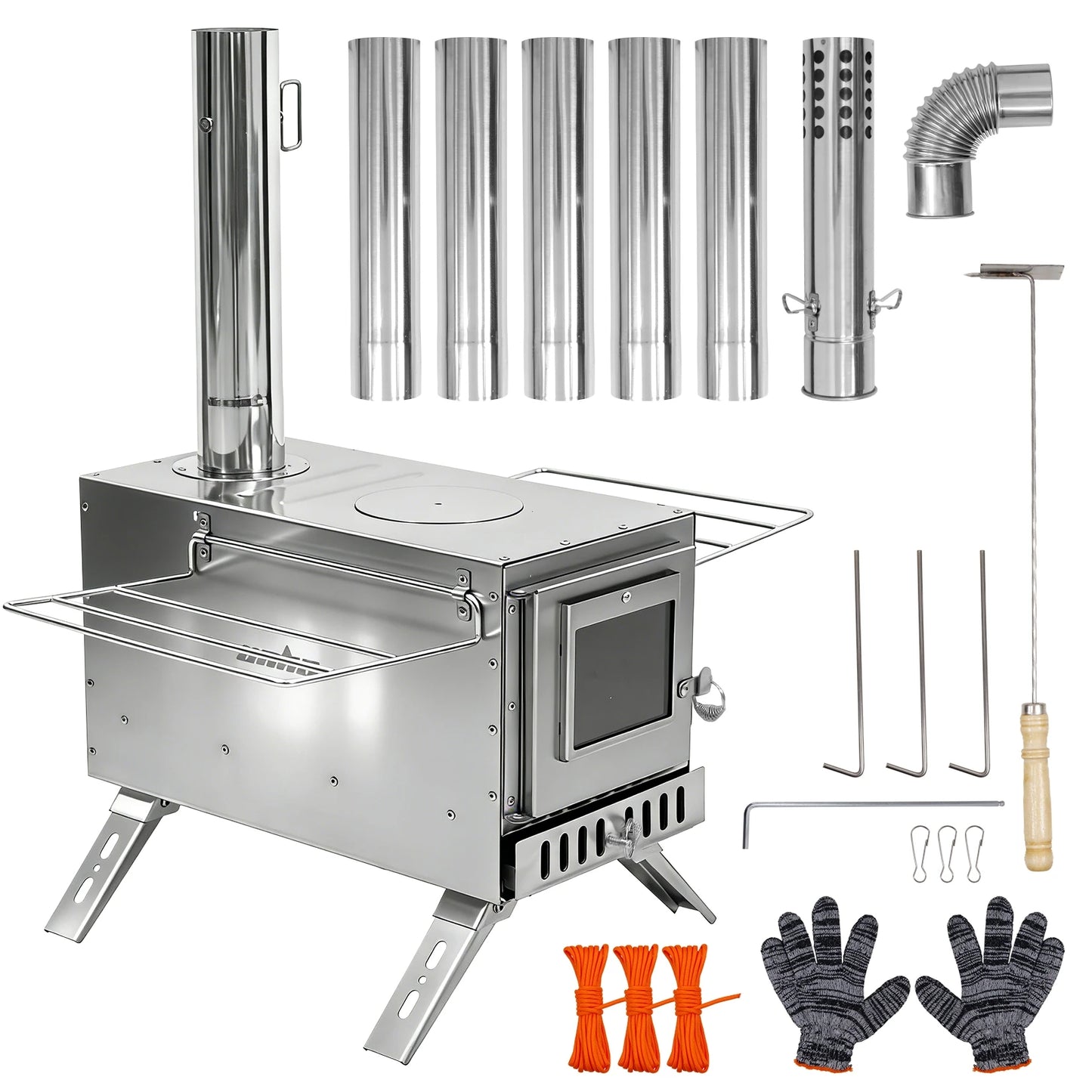 Hot Tent Stove, Wood Burning with 6 Stainless Chimney Pipes