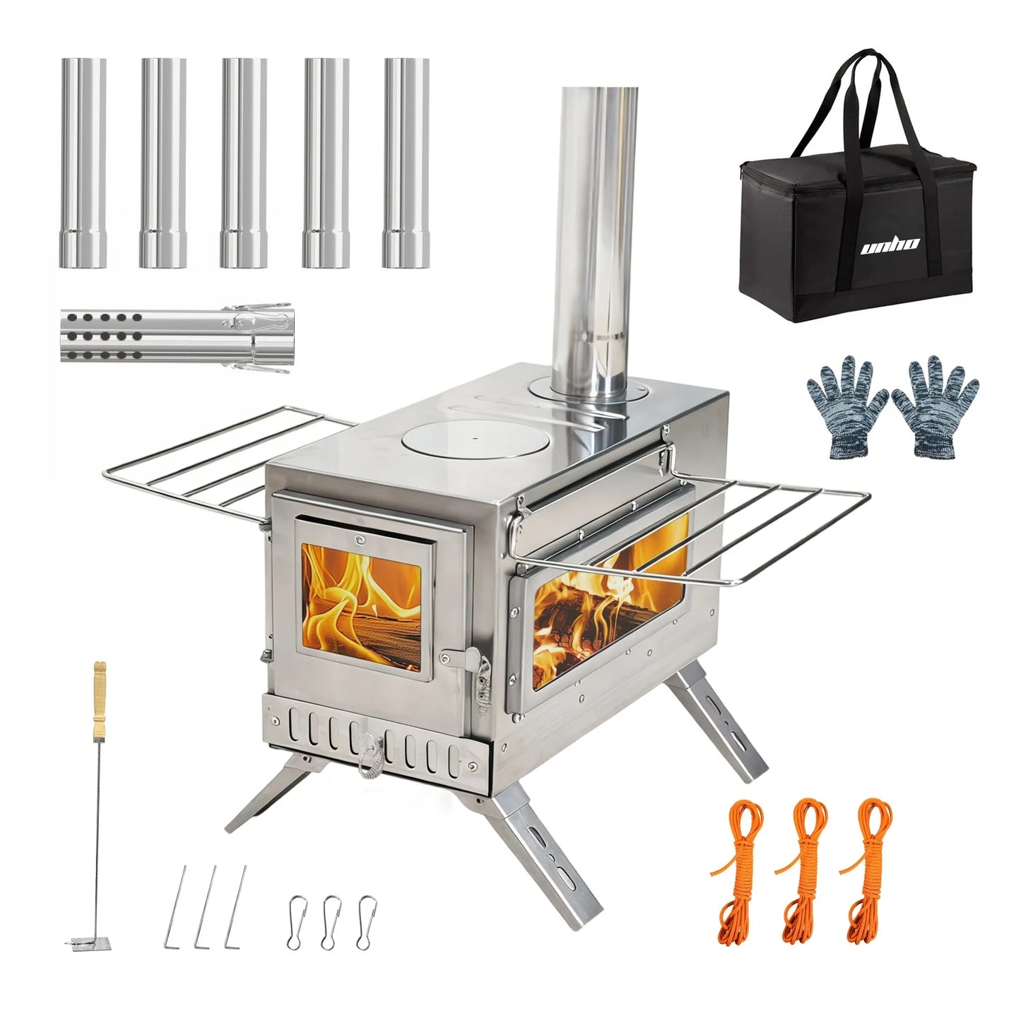 Camping Tent Wood Stove  with 7 Chimney Pipes
