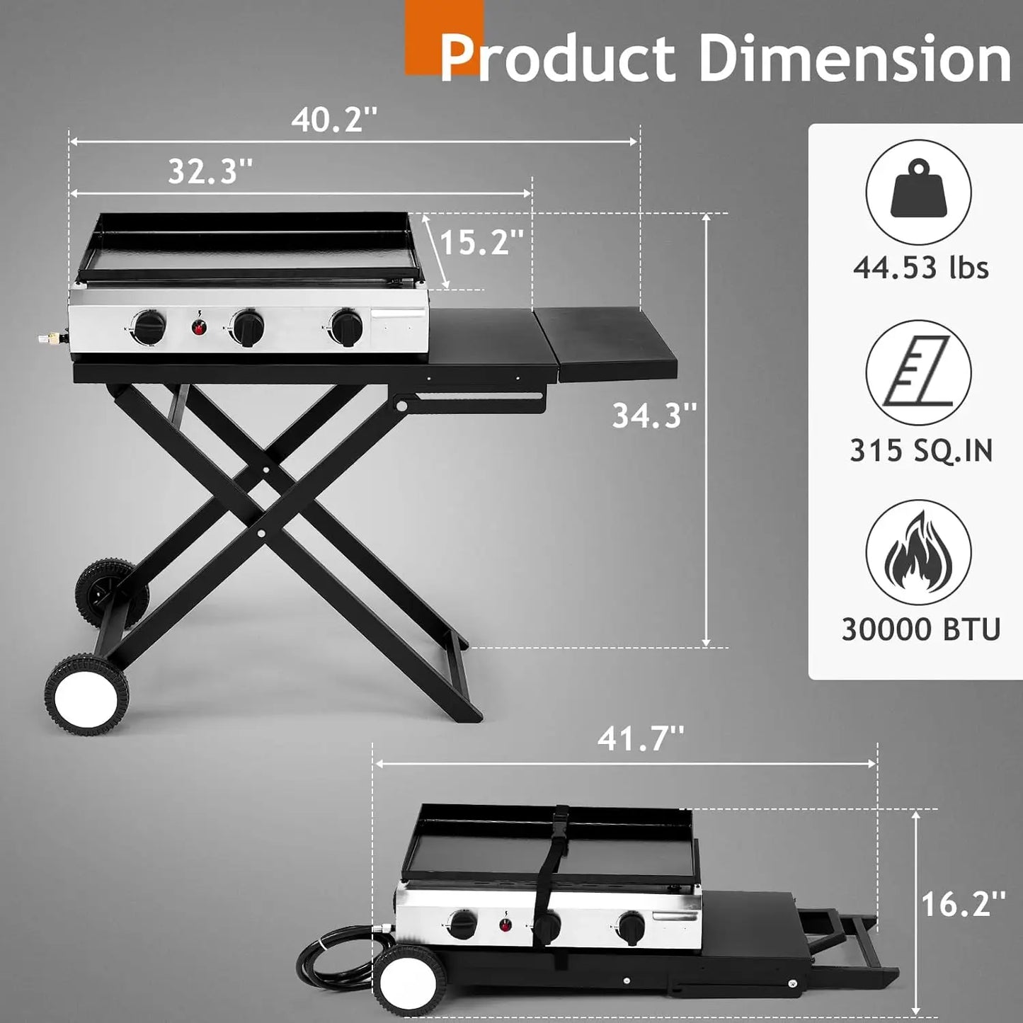 3 Burner Foldable Propane Griddle with Wheels