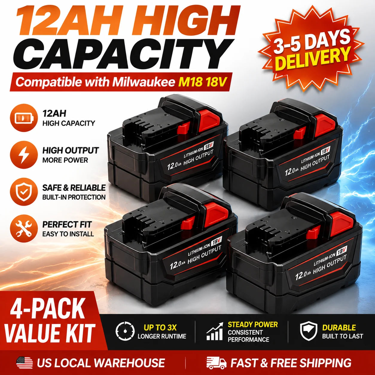 18V 12Ah Battery Pack 4-Pack Compatible with Milwaukee M18