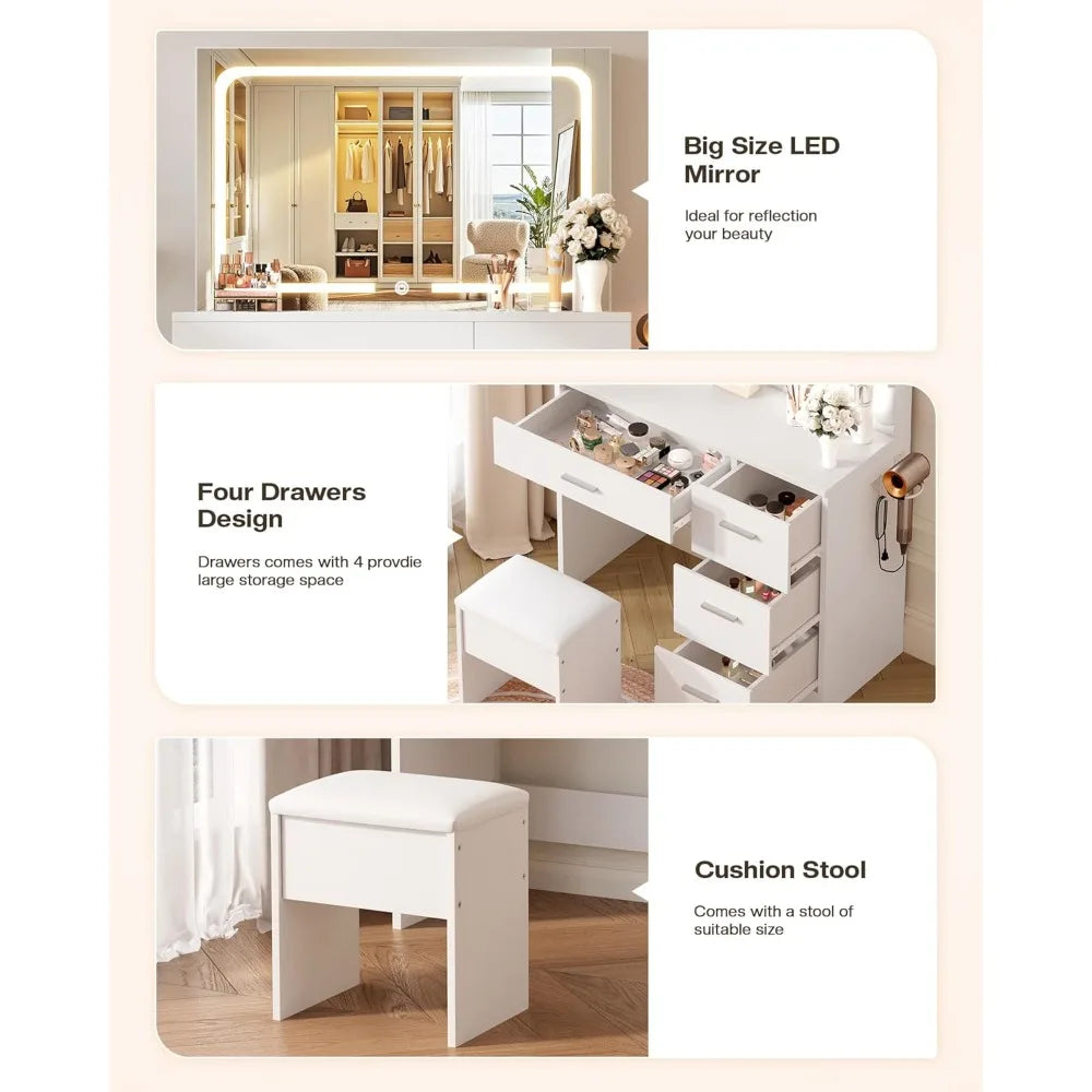 Makeup Vanity Desk with Charging Station & LED Mirror