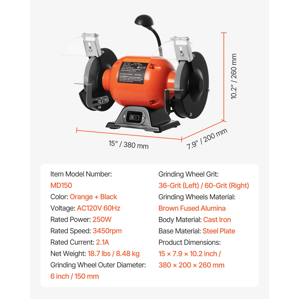 Bench Grinder 6inch Single Speed Bench Grinder High-Speed Table Grinders with Induction Motor 36/60-Grit Grinding Wheel
