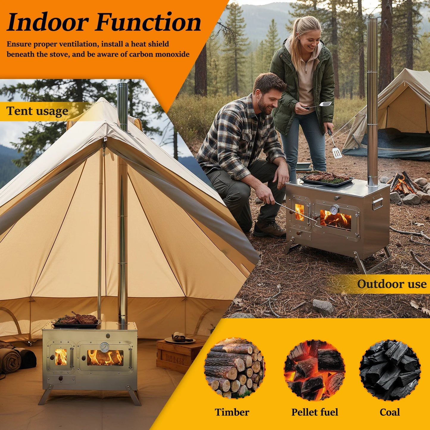 Wood Burning Tent Stove with 4 Chimney Pipe