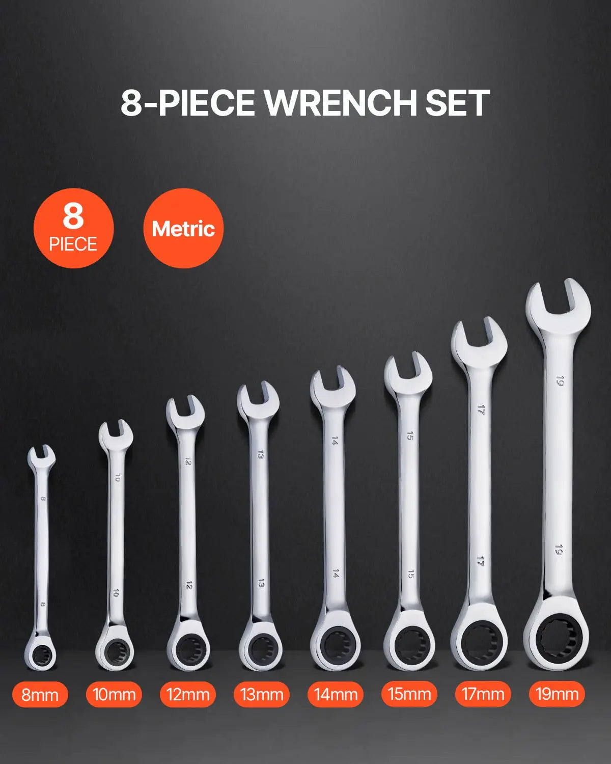 Combination Wrench Set, 8-Piece Ratcheting Metric
