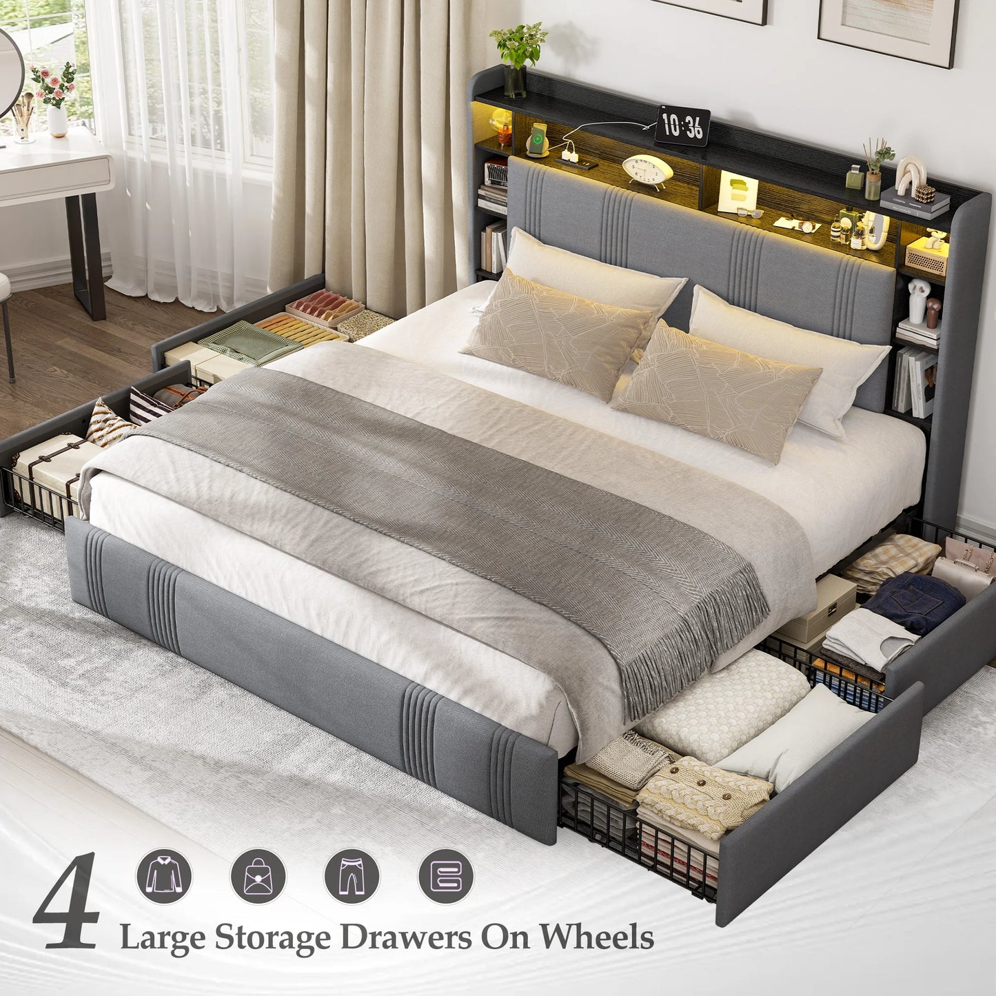 Full Size Bed Frame with 4 Storage Drawers