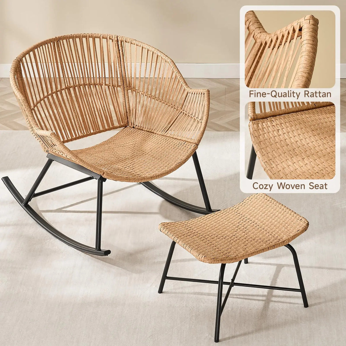 Rattan Papasan Rocking Chair with Ottoman