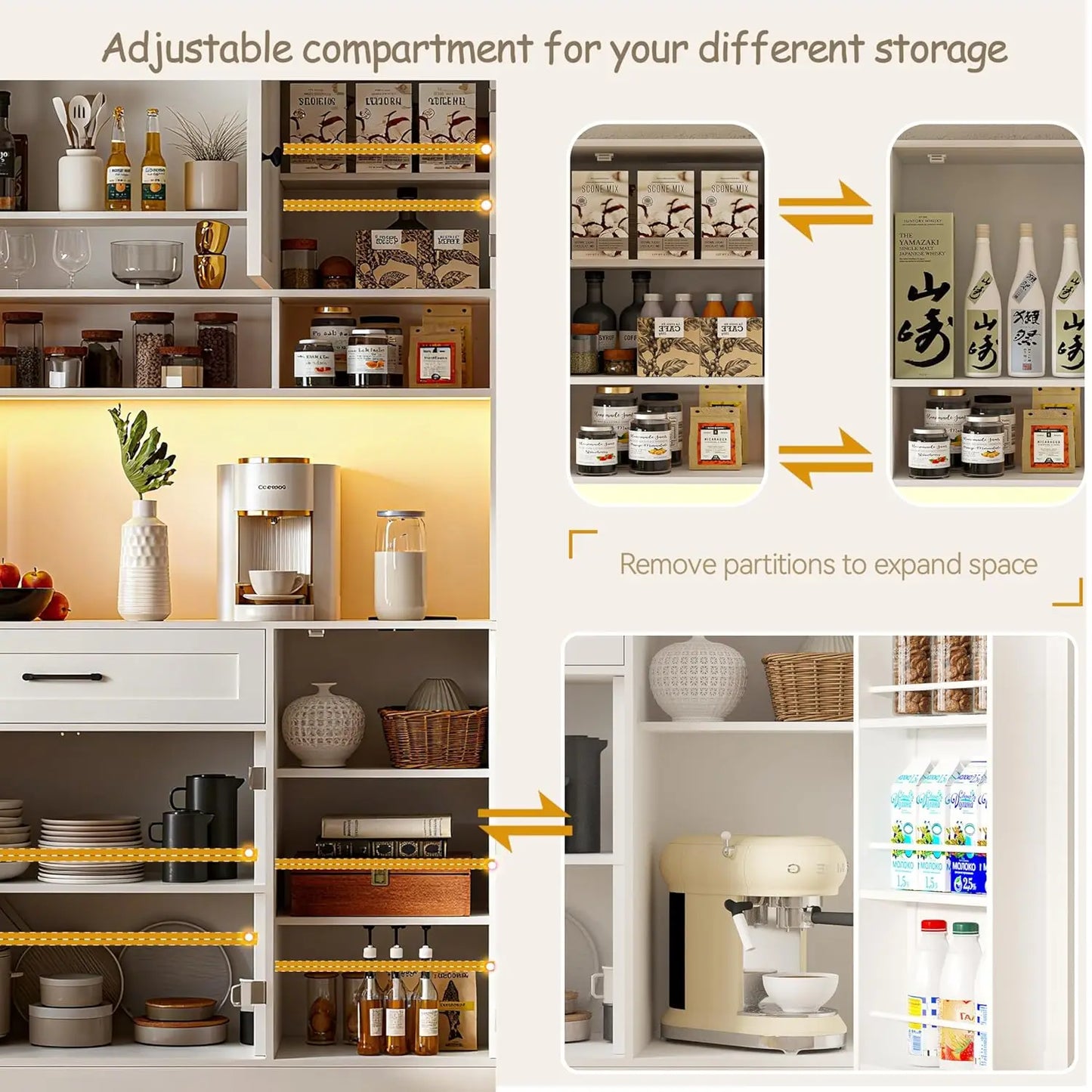 72" Kitchen Pantry Cabinet with LED Light and Charging Station
