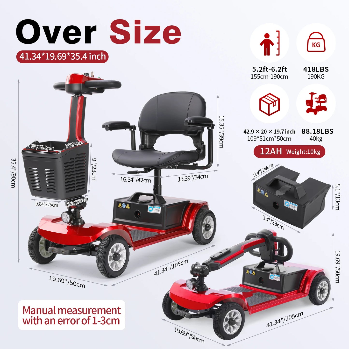 Red 12Ah Foldable 4 Wheel Mobility Scooter