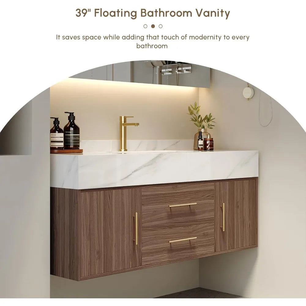 Floating Bathroom Vanity (Walnut with Doors, 39.4'')