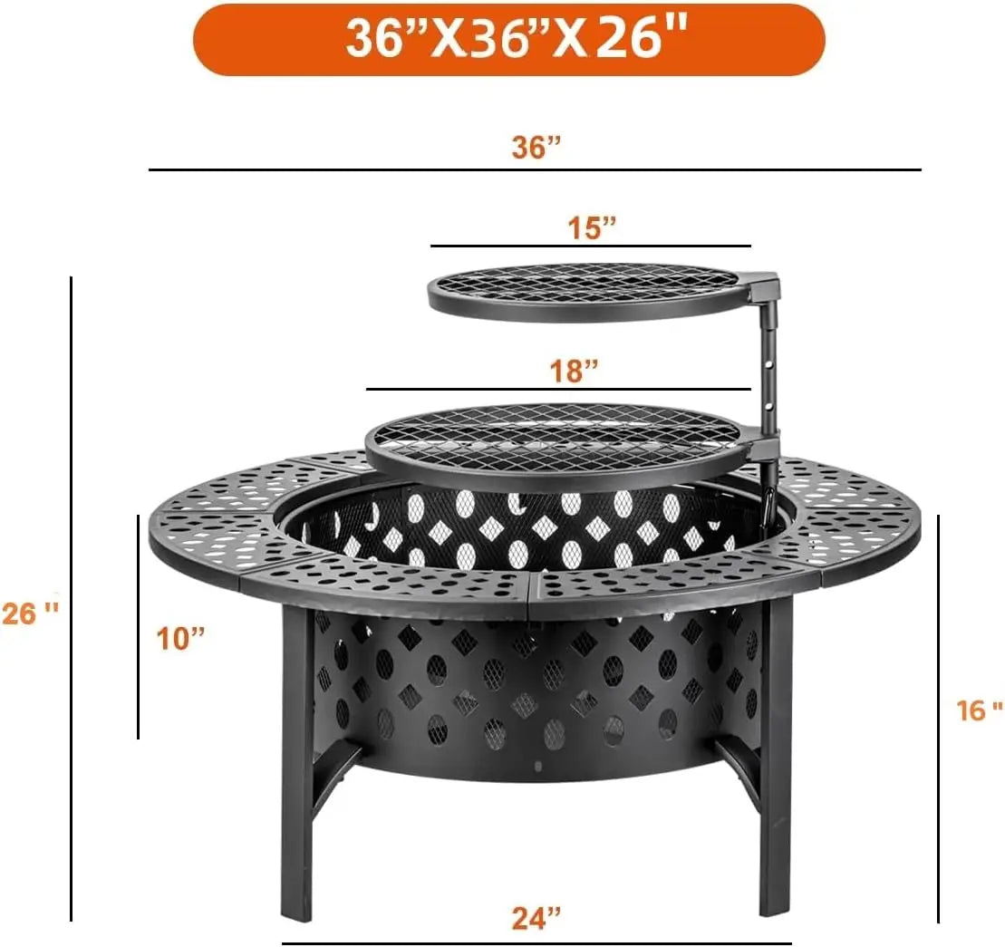 36 Inch Fire Pit with 2 Grills, Wood Burning