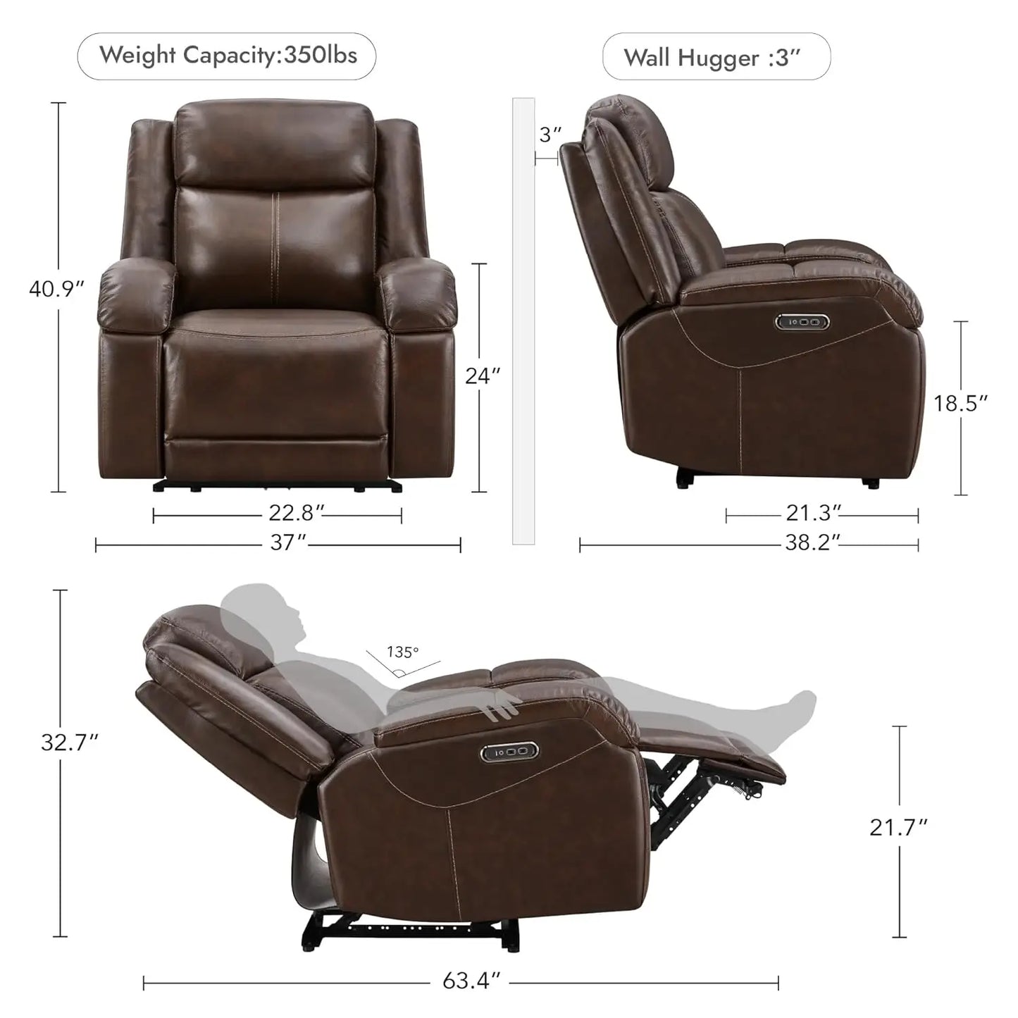 Leather Power Recliner Chair Wall Hugger