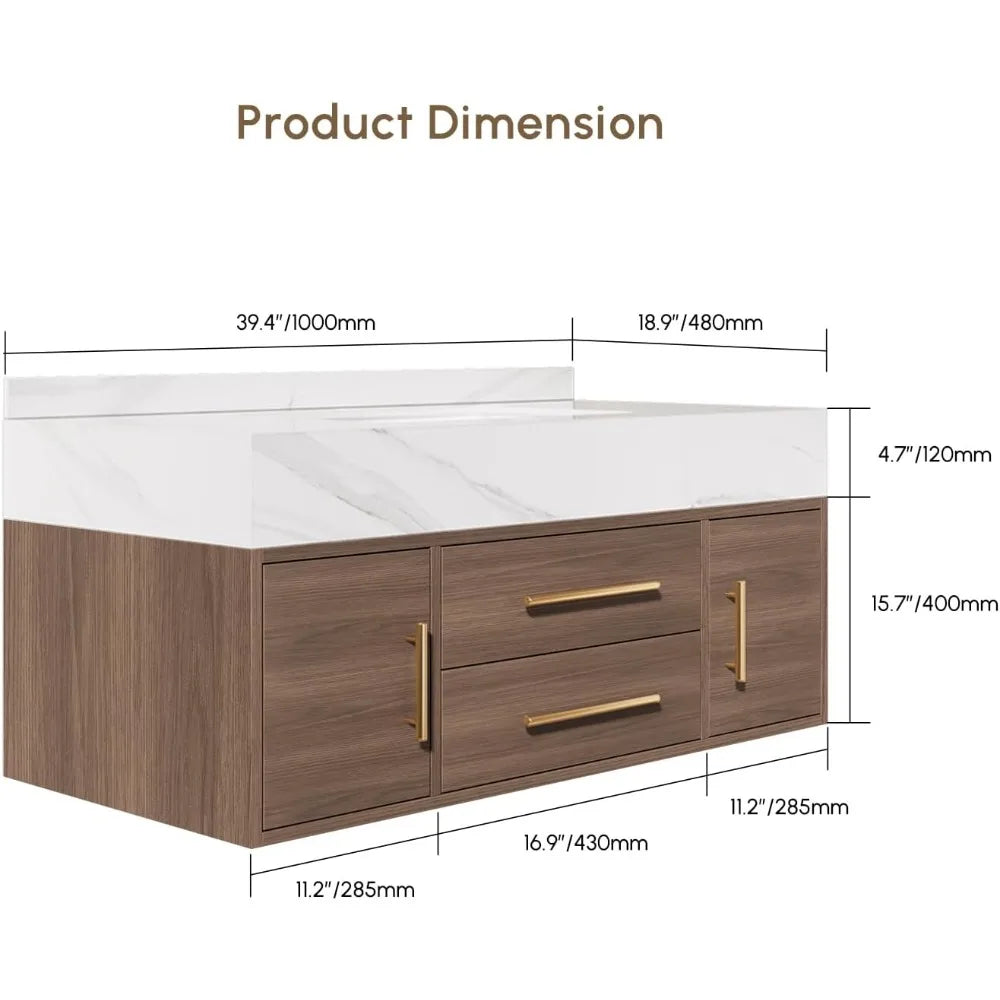 Floating Bathroom Vanity (Walnut with Doors, 39.4'')