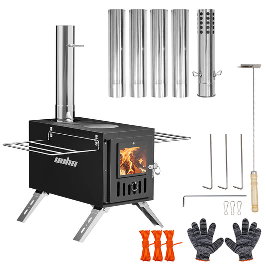 Hot Tent Stove, Wood Burning with 6 Stainless Chimney Pipes