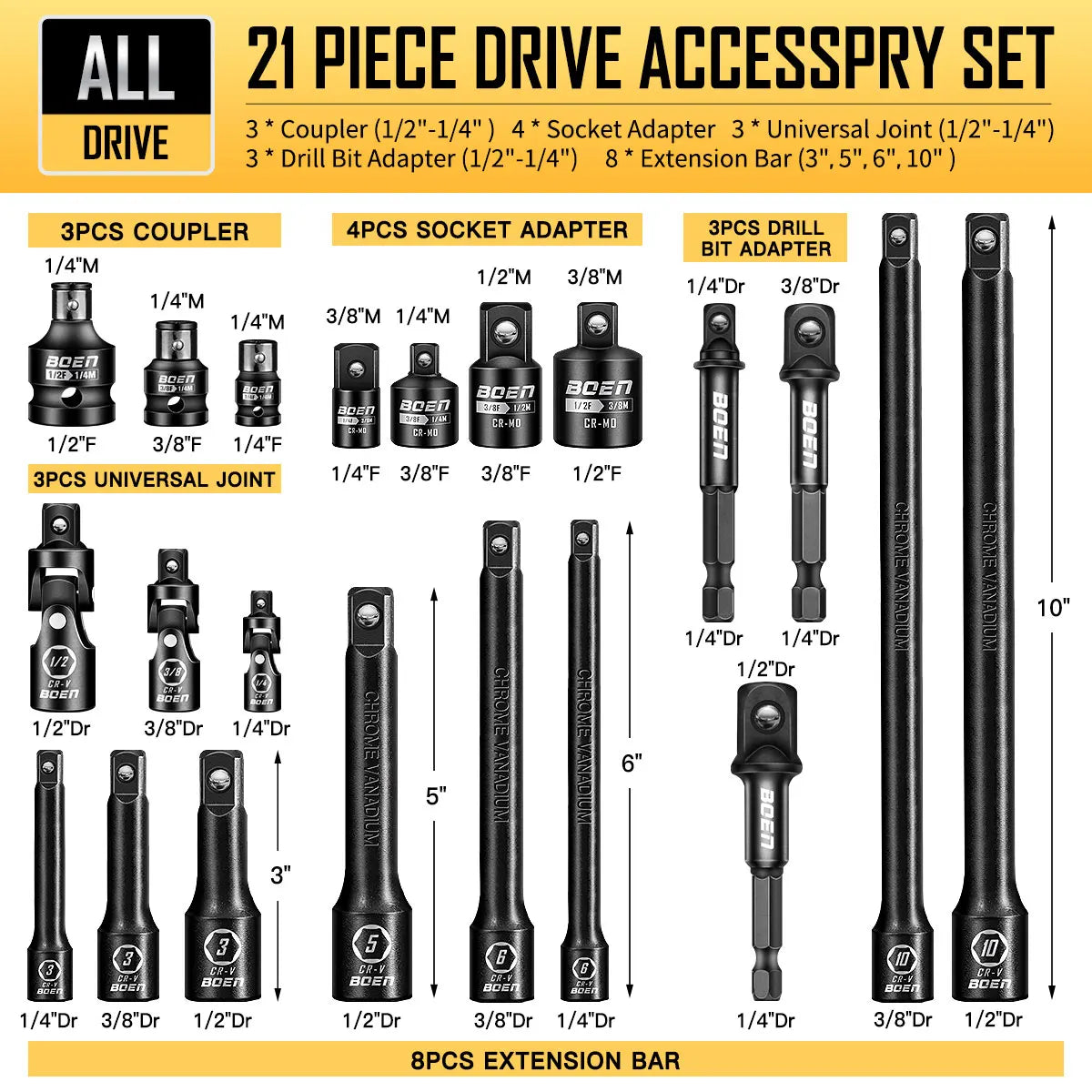 21 Piece 1/4" & 3/8" & 1/2" Drive Tool Accessory Set
