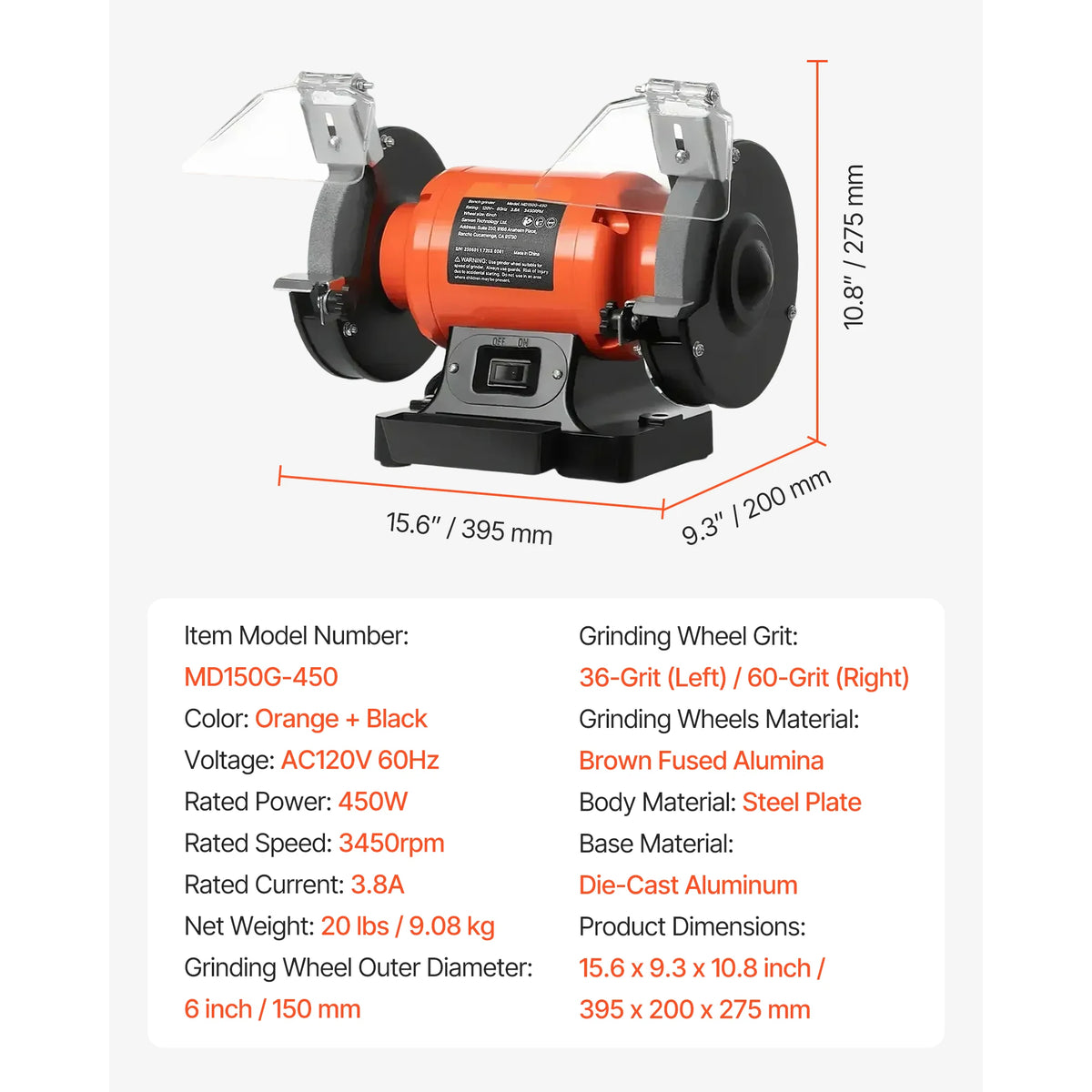Bench Grinder 6inch Single Speed Bench Grinder High-Speed Table Grinders with Induction Motor 36/60-Grit Grinding Wheel