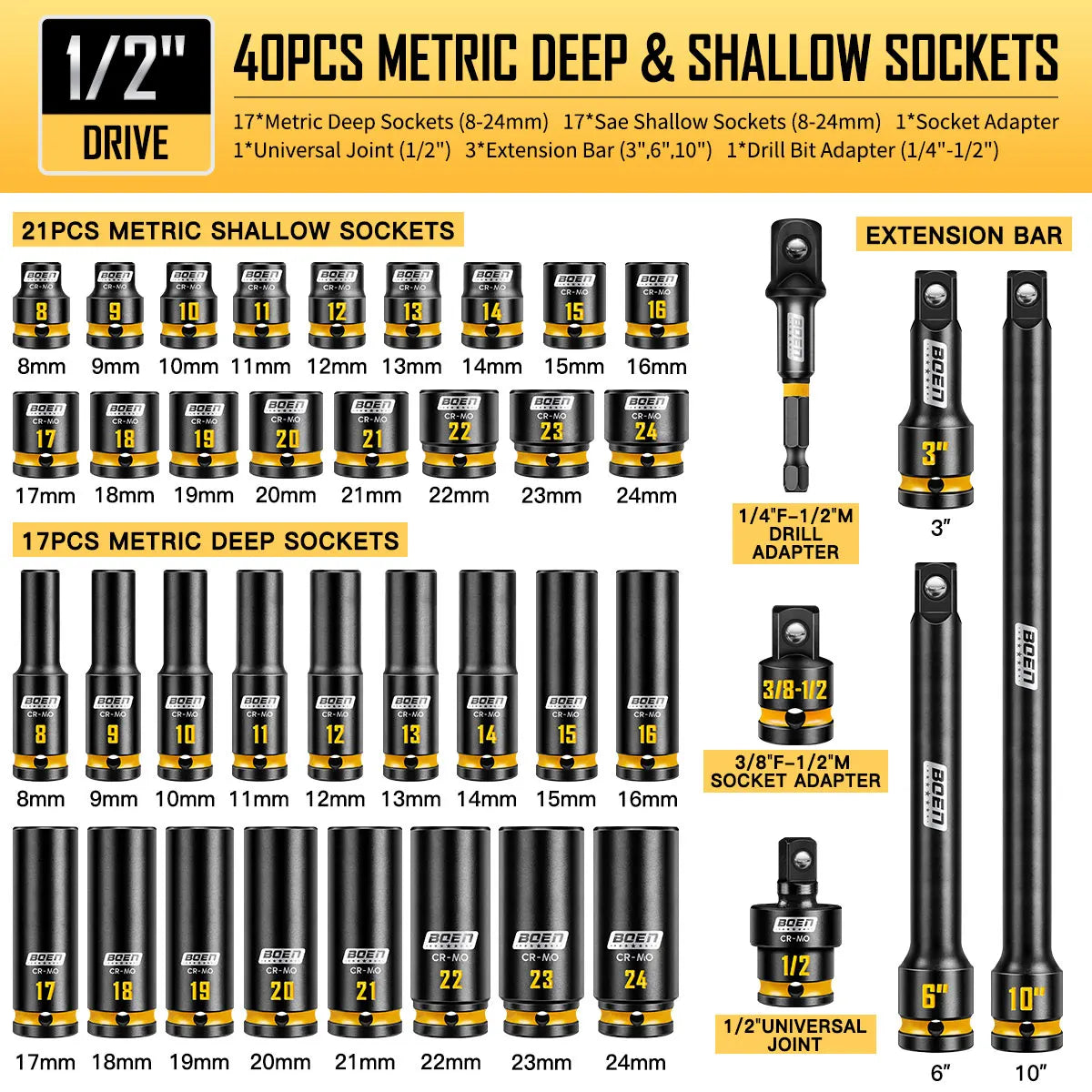 40-Pieces 1/2" Drive Impact Socket Set, Metric