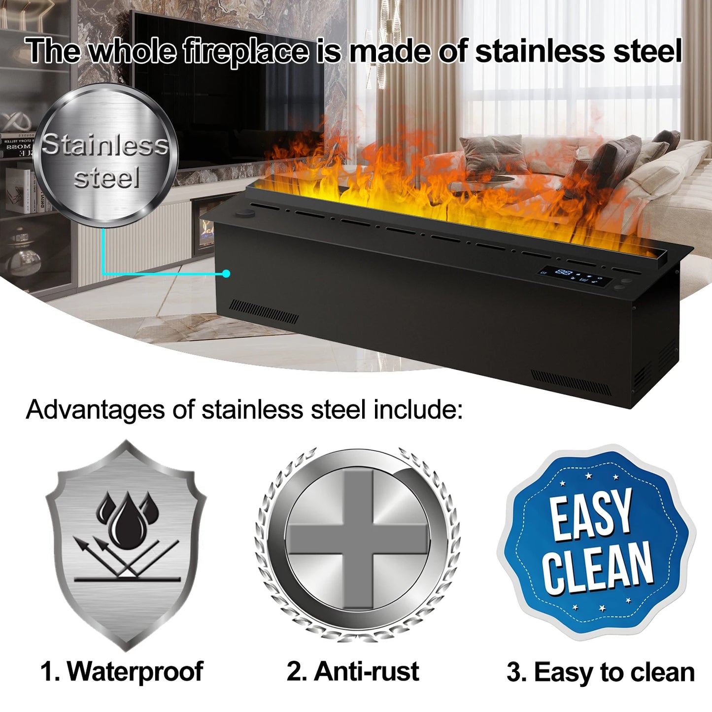 Smart Water Vapor Fireplace, 3D Flame Effect