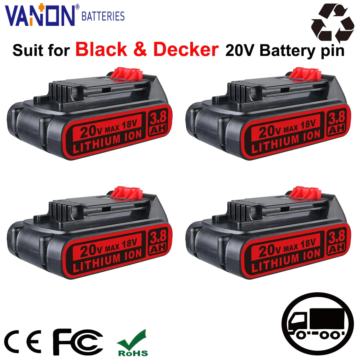 1/2/4Pack 3.8Ah Battery Replace for Black & Decker 20V