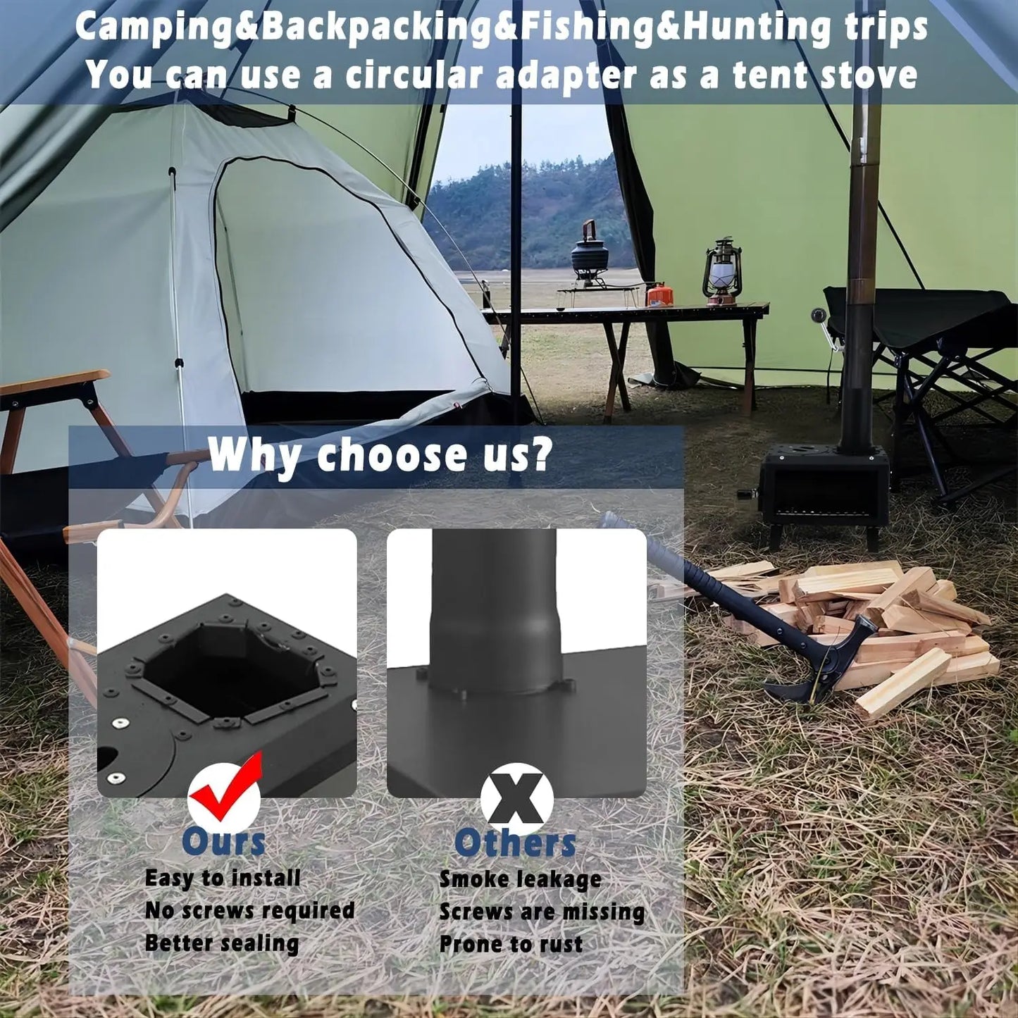 Wood Burning Tent Stove with 7 Sectional Chimney Pipes