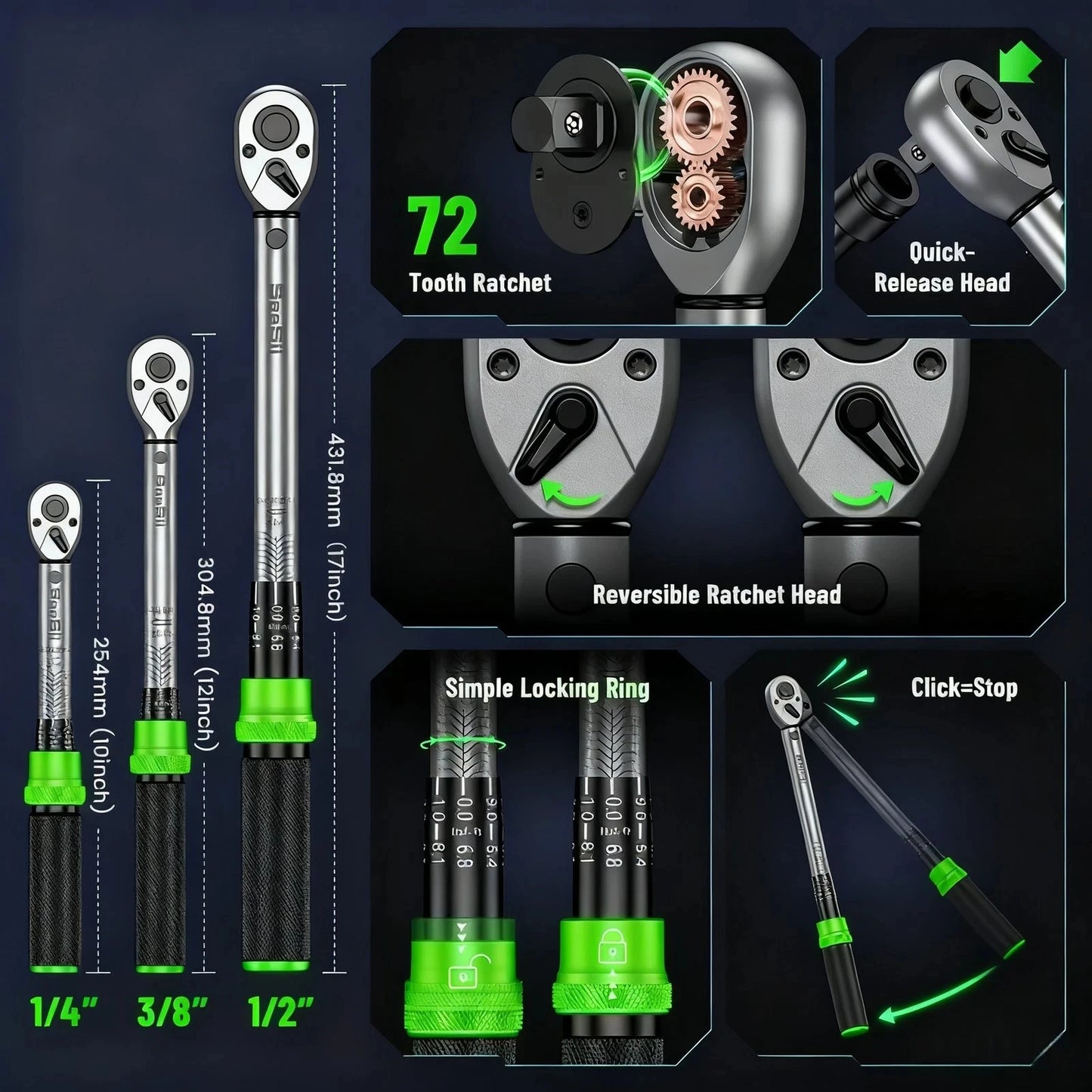 1/4"&3/8"&1/2" Drive Click Torque Wrench Kit