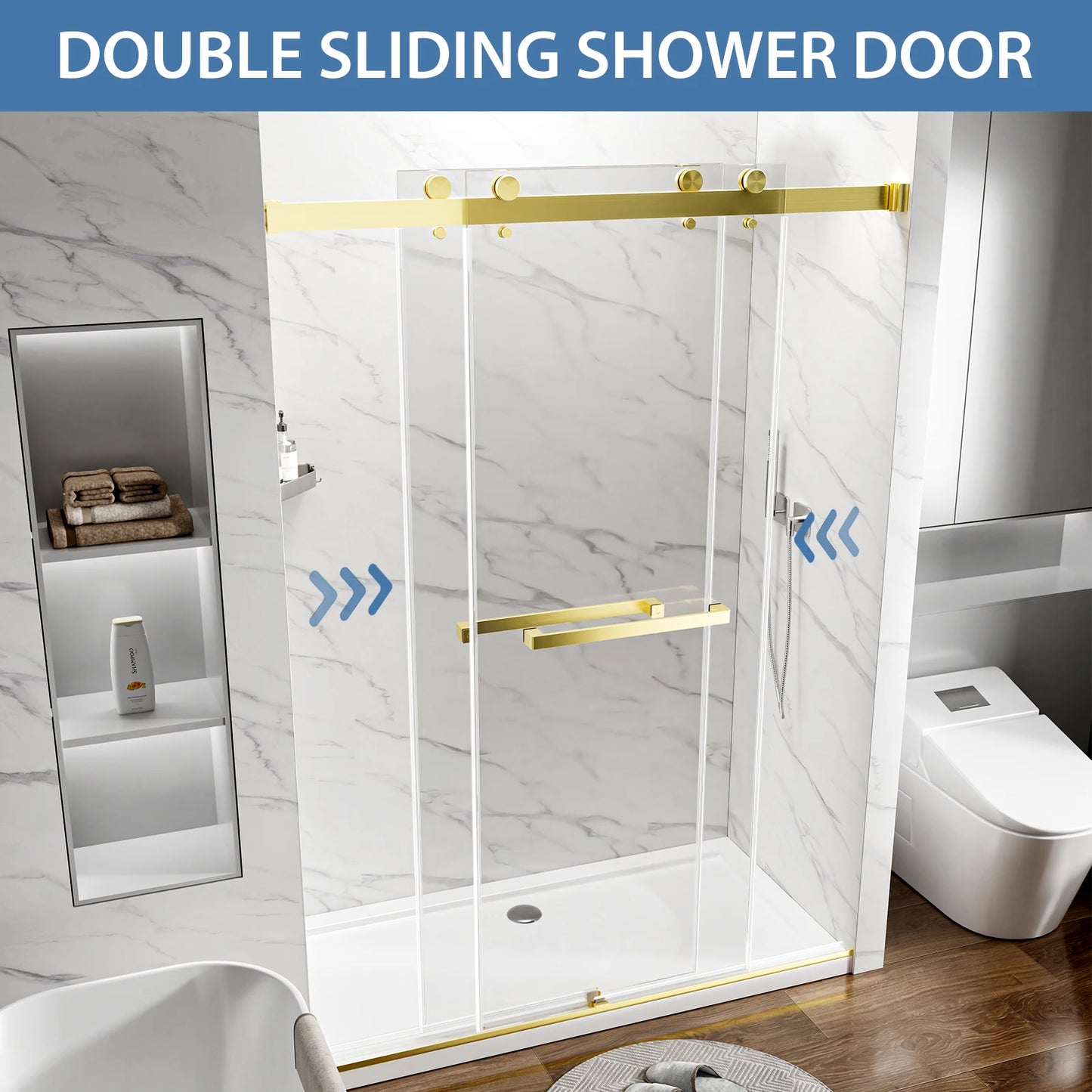 50-54"W × 76"H Gold Frameless Double Sliding Shower Door