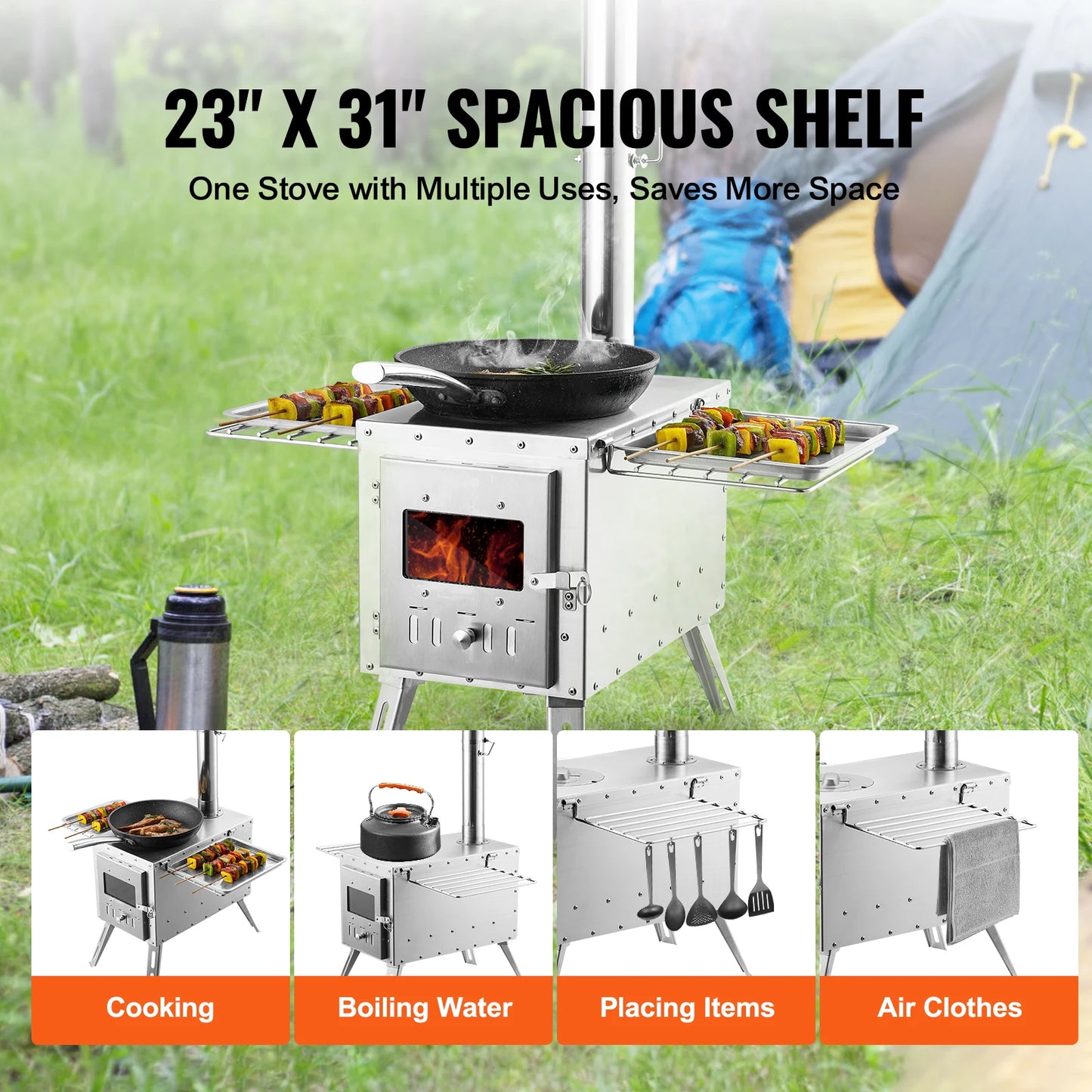 86in Stainless Steel Camping Tent Stove  Wood Burning