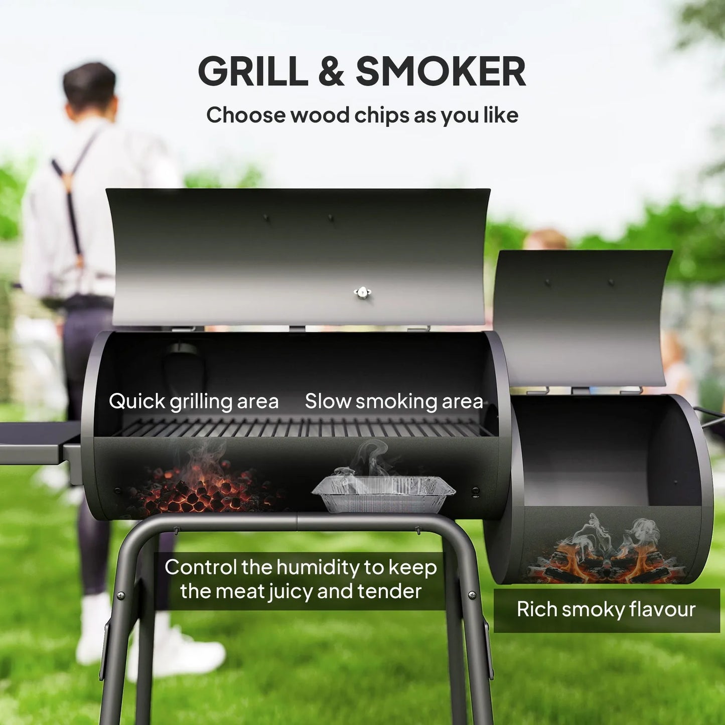 Charcoal BBQ Grill and Offset Smoker Combo