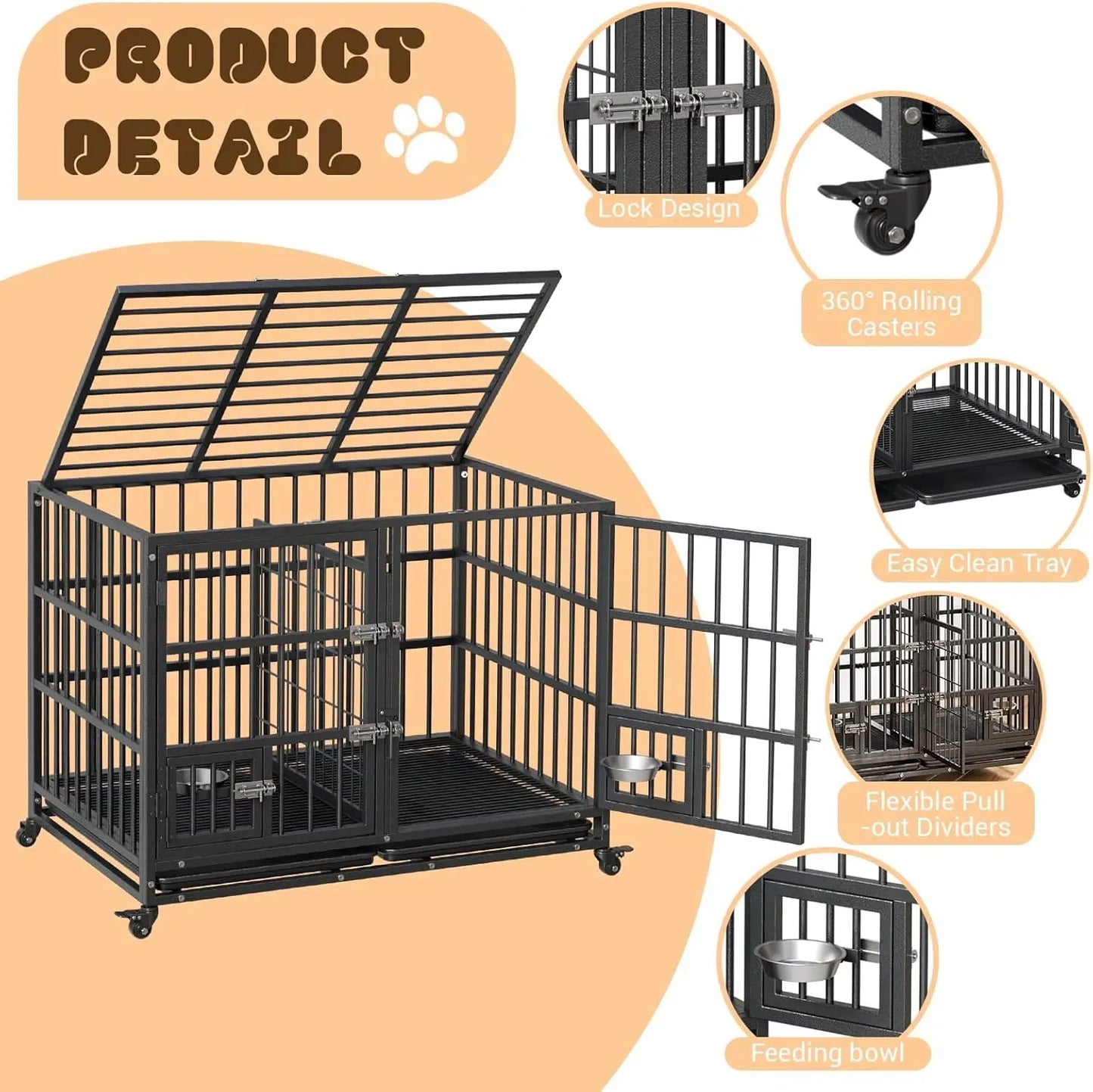 48 Inch Metal Dog Crate with  Removable Tray and Wheels