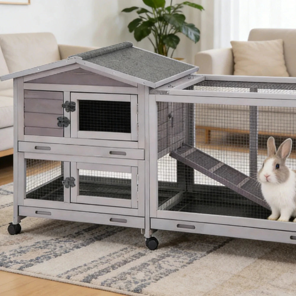 Indoor Outdoor Wooden Rabbit Hutch, 2-Tier