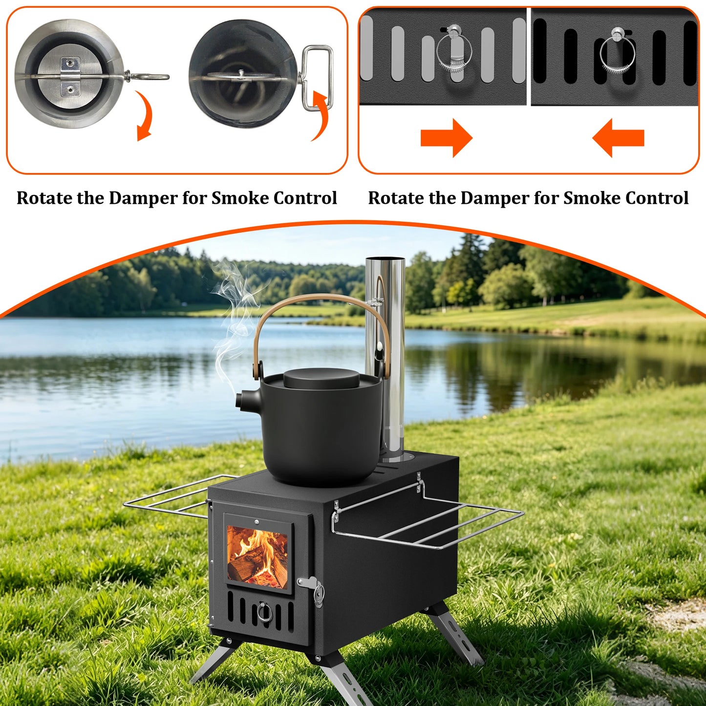 Hot Tent Stove, Wood Burning with 6 Stainless Chimney Pipes