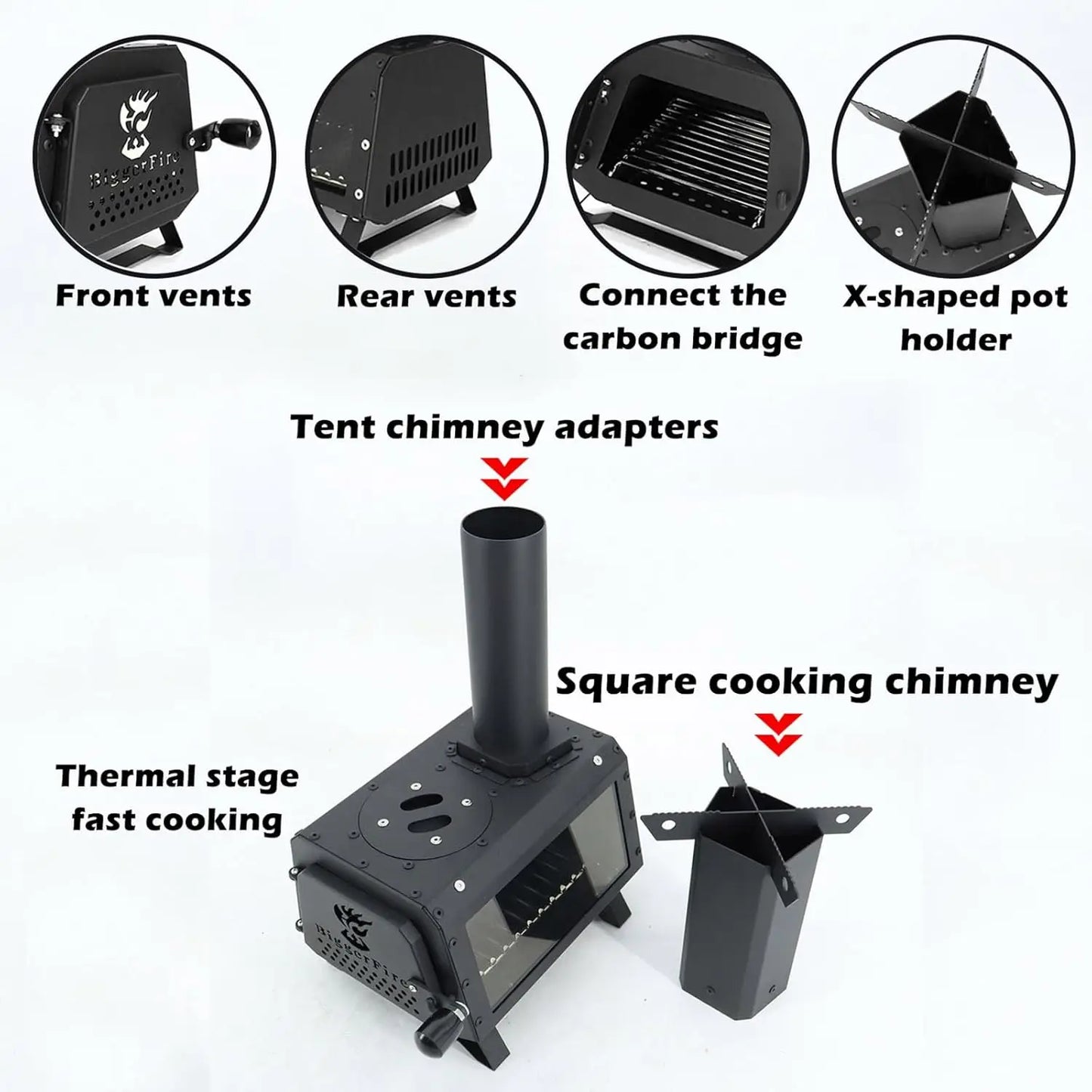 Wood Burning Tent Stove with 7 Sectional Chimney Pipes