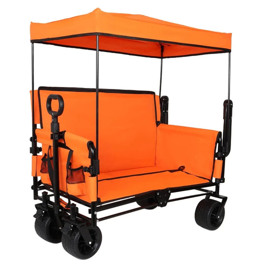 Folding Wagon Cart with Adjustable Canopy & Bench Seat, 500lbs Capacity,