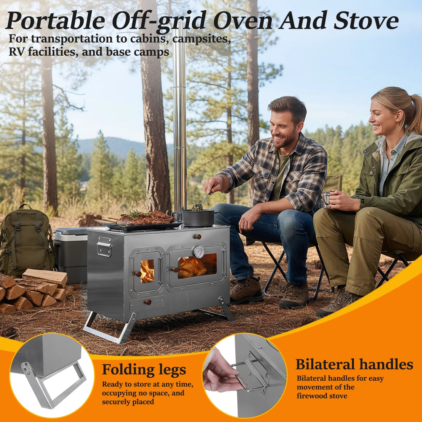 Wood Burning Tent Stove with 4 Chimney Pipe