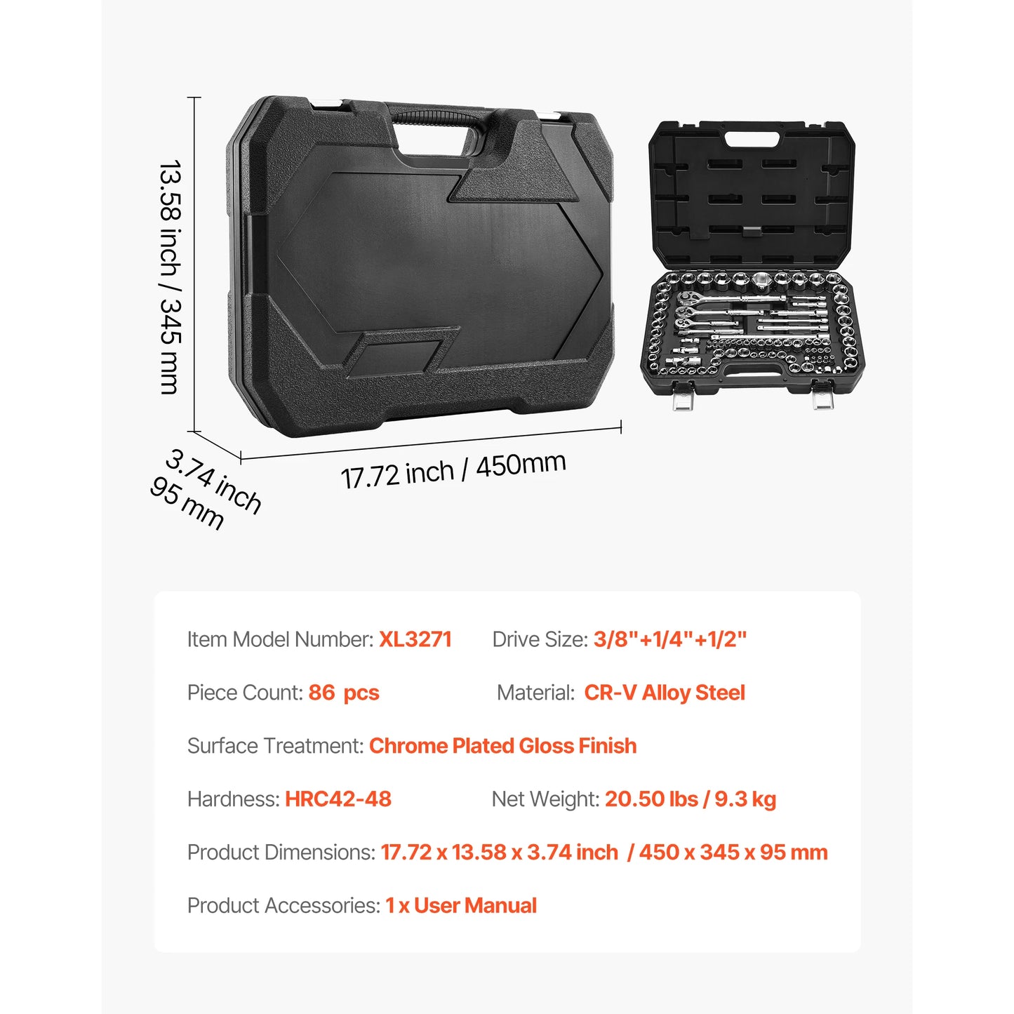 3/8 1/4 1/2in Drive Socket and Ratchet Set SAE Metric
