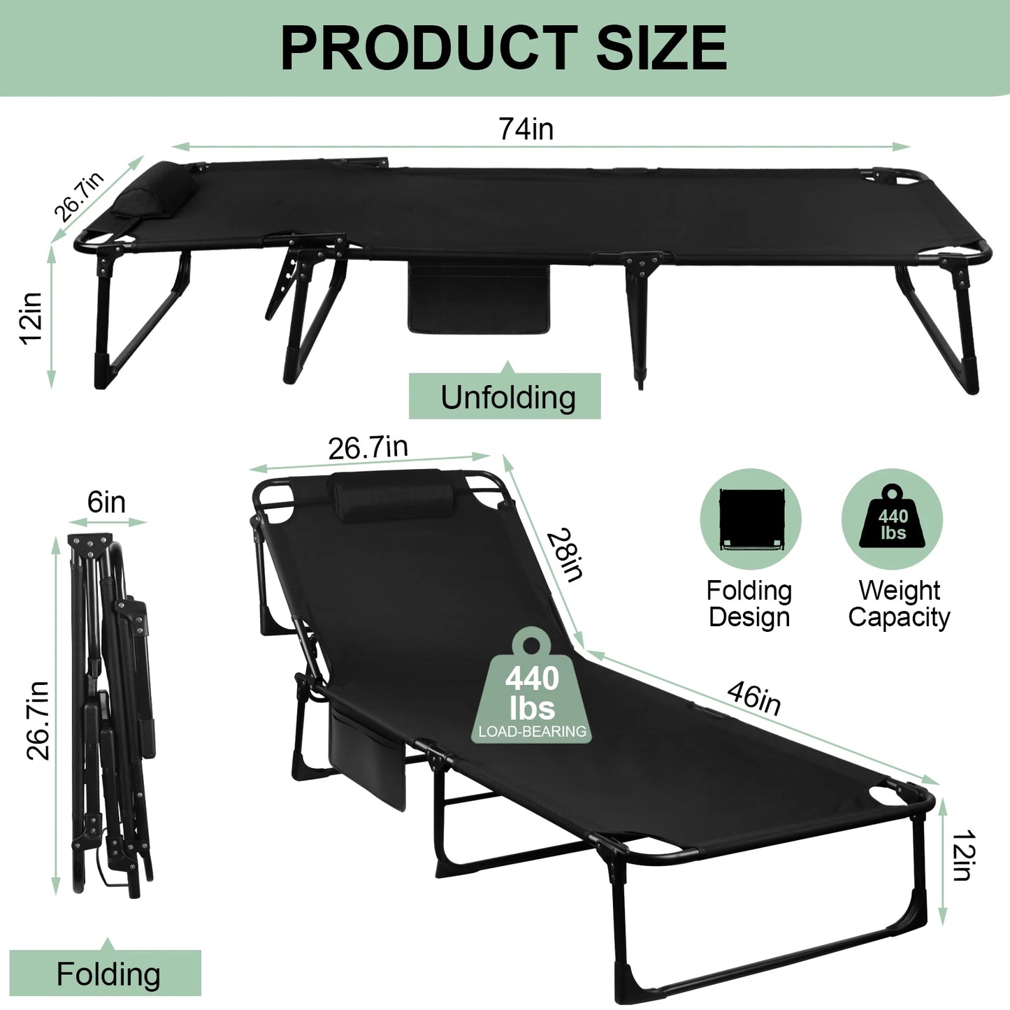 Portable Folding Camping Cot/ /Reclining Lounge Chair