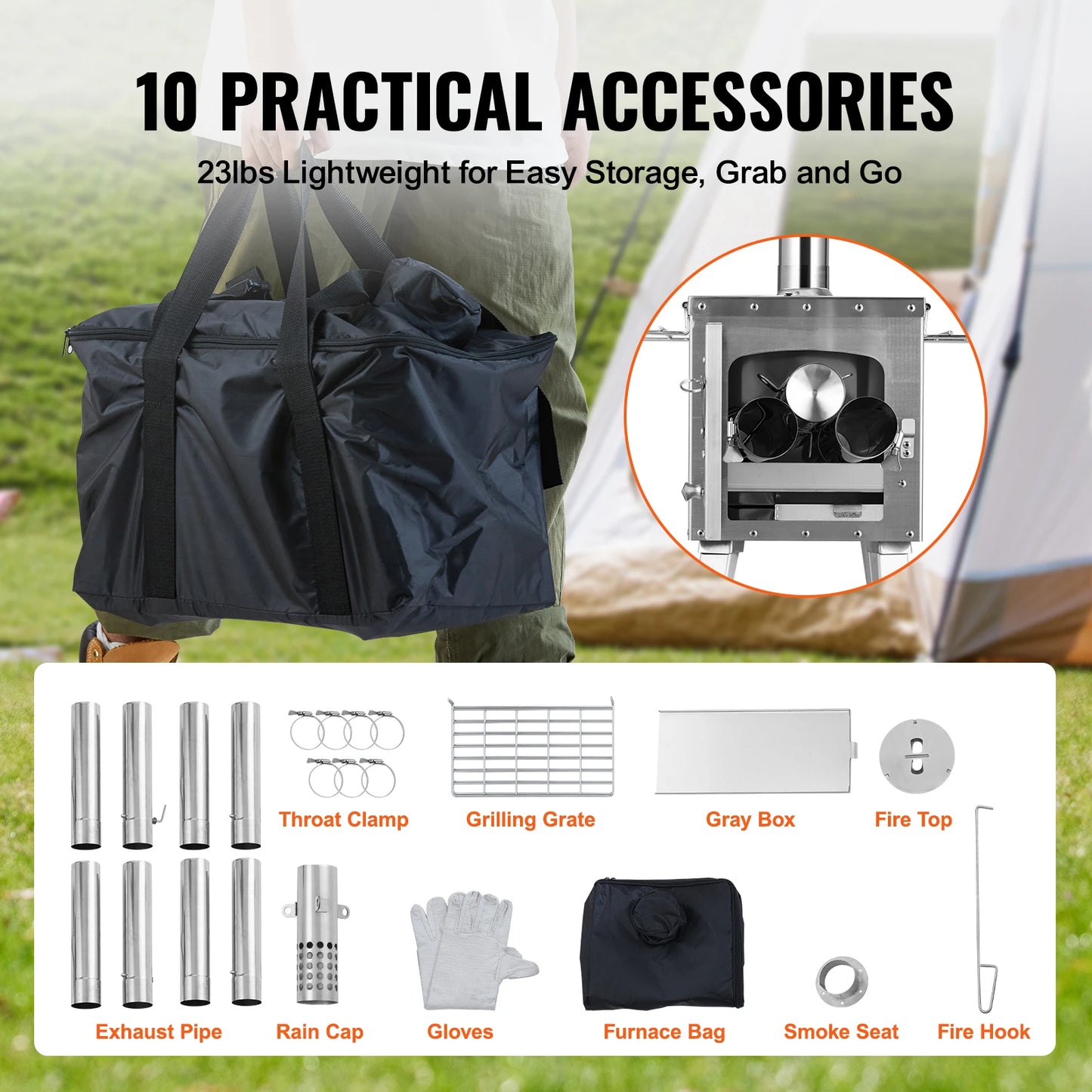 86in Stainless Steel Camping Tent Stove  Wood Burning