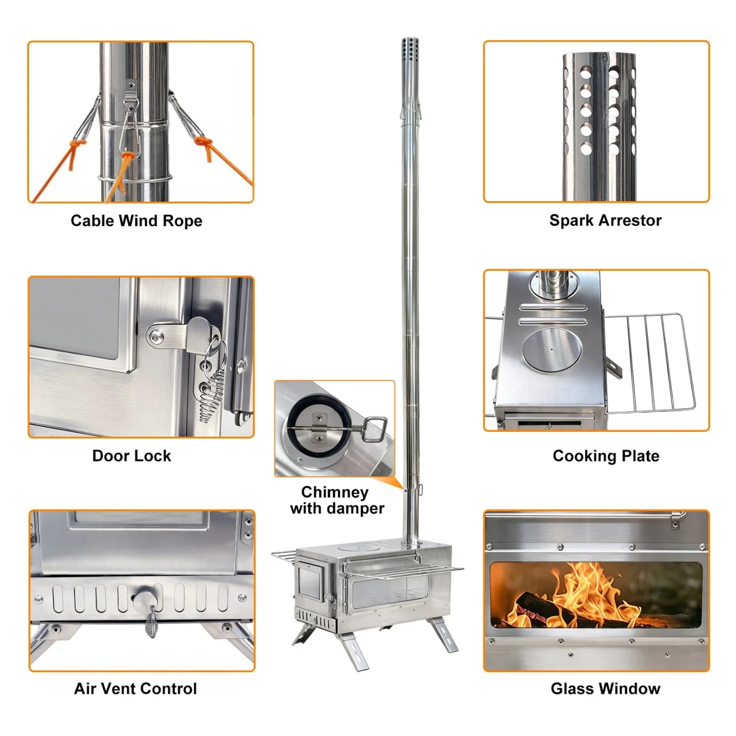 Camping Tent Wood Stove  with 7 Chimney Pipes
