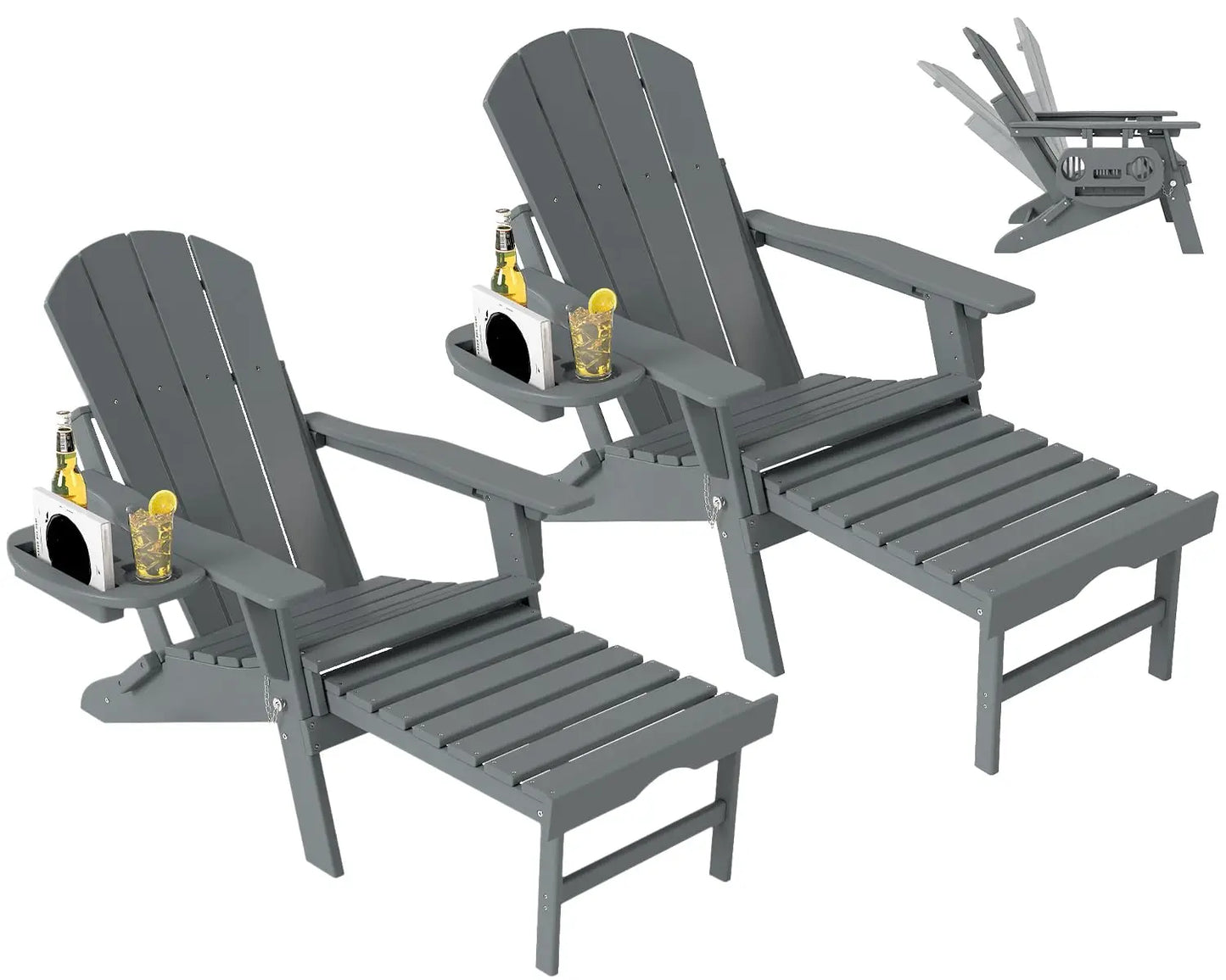 Set of 2 Folding Adirondack Chair with Retractable Ottoman